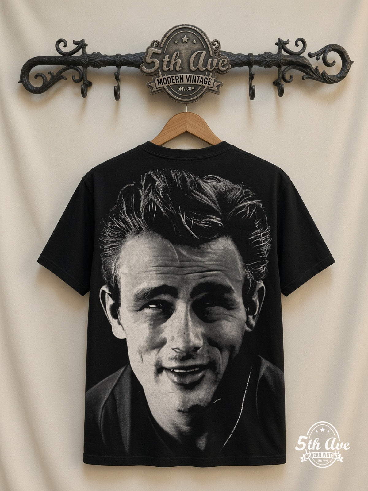 James Dean Smile Portrait all over print vintage tee back on cream 5th Ave rack