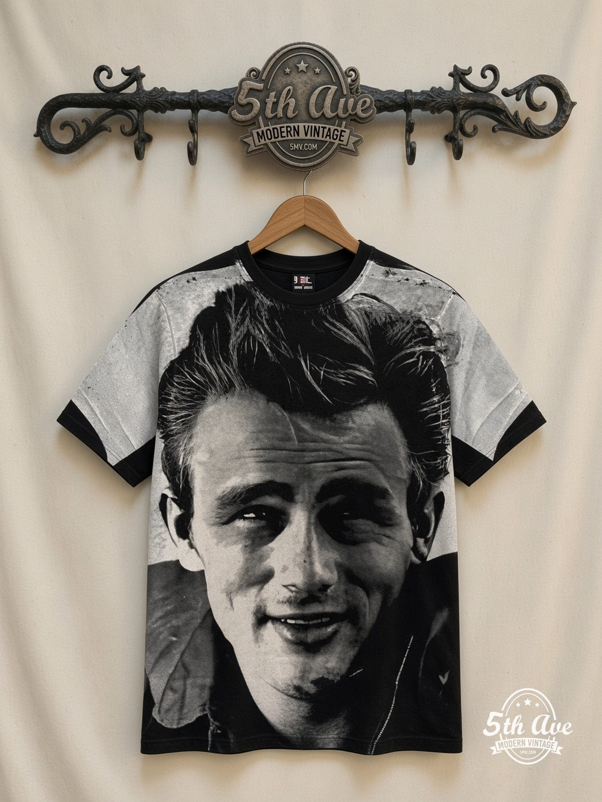 James Dean Smile Portrait all over print vintage graphic tee front on cream 5th Ave rack