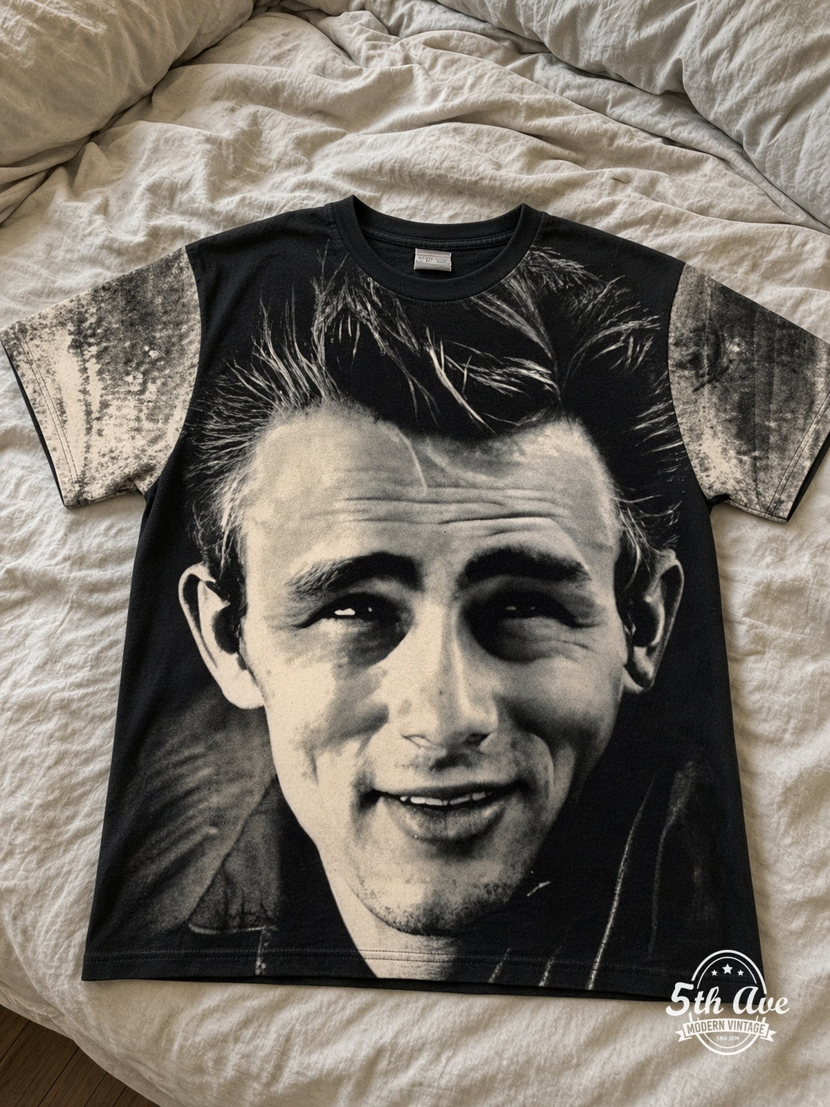 James Dean Smile Portrait Variant all over print vintage tee laid on bed