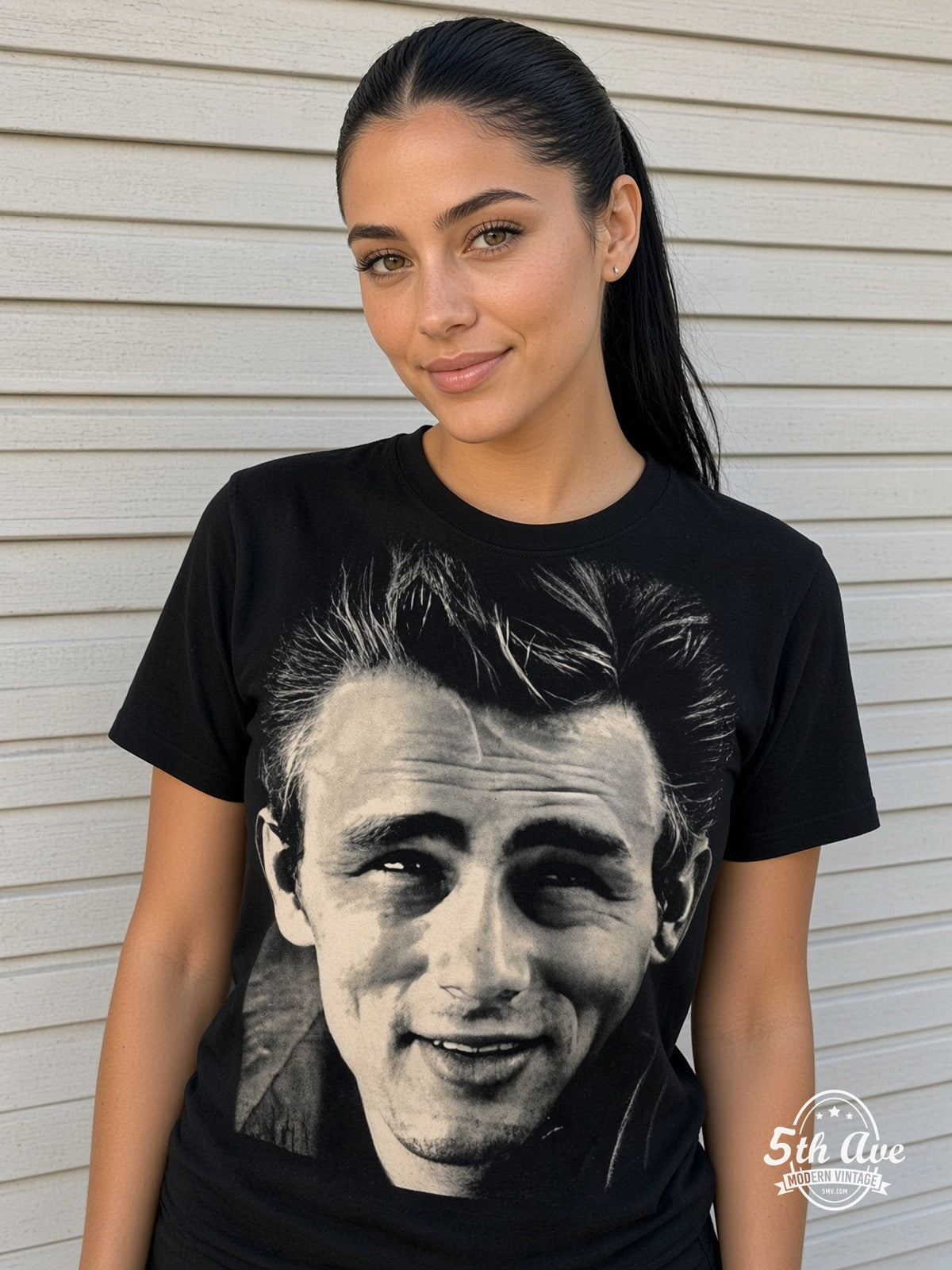 James Dean Smile Portrait Variant all over print vintage tee model wearing