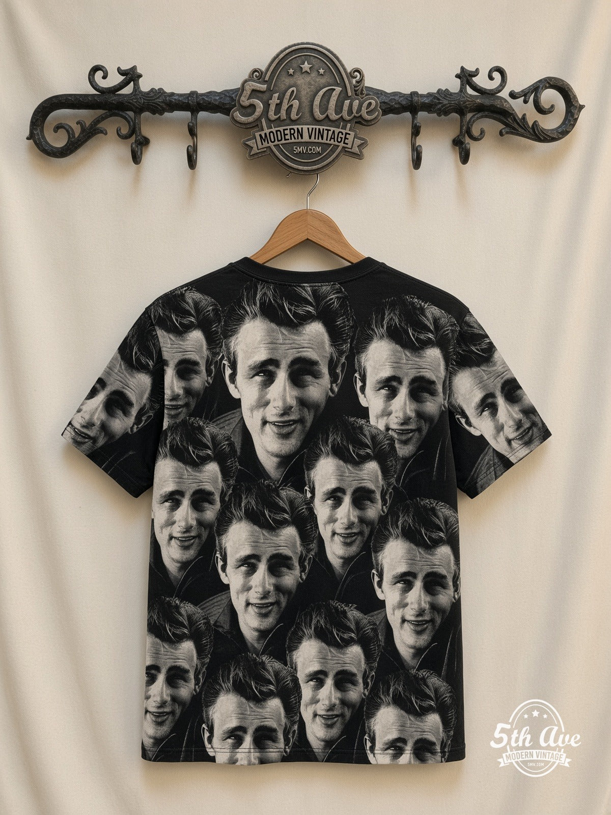 James Dean Smile Portrait Variant all over print vintage tee back on cream 5th Ave rack