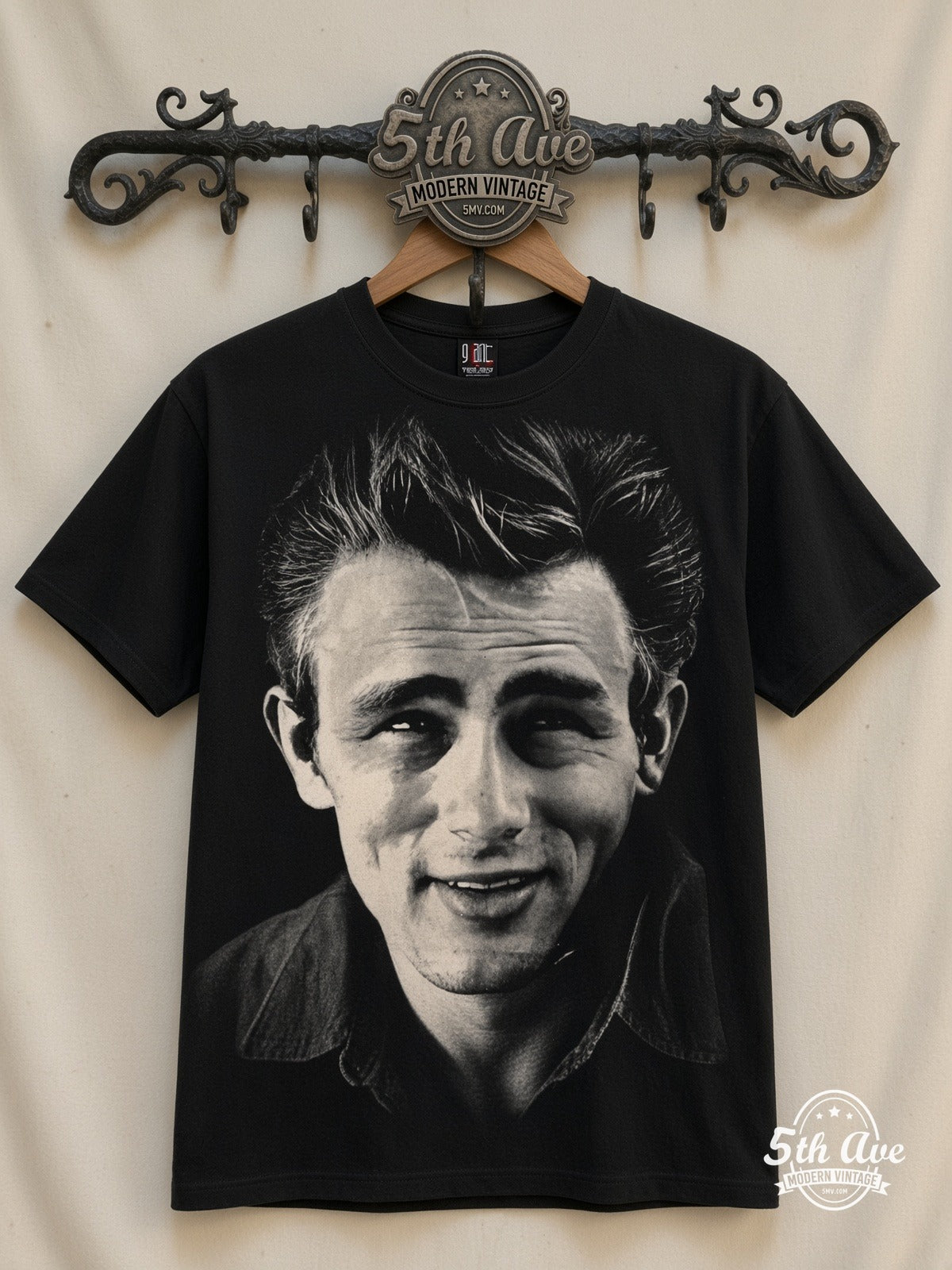 James Dean Smile Portrait Variant all over print vintage graphic tee front on cream 5th Ave rack
