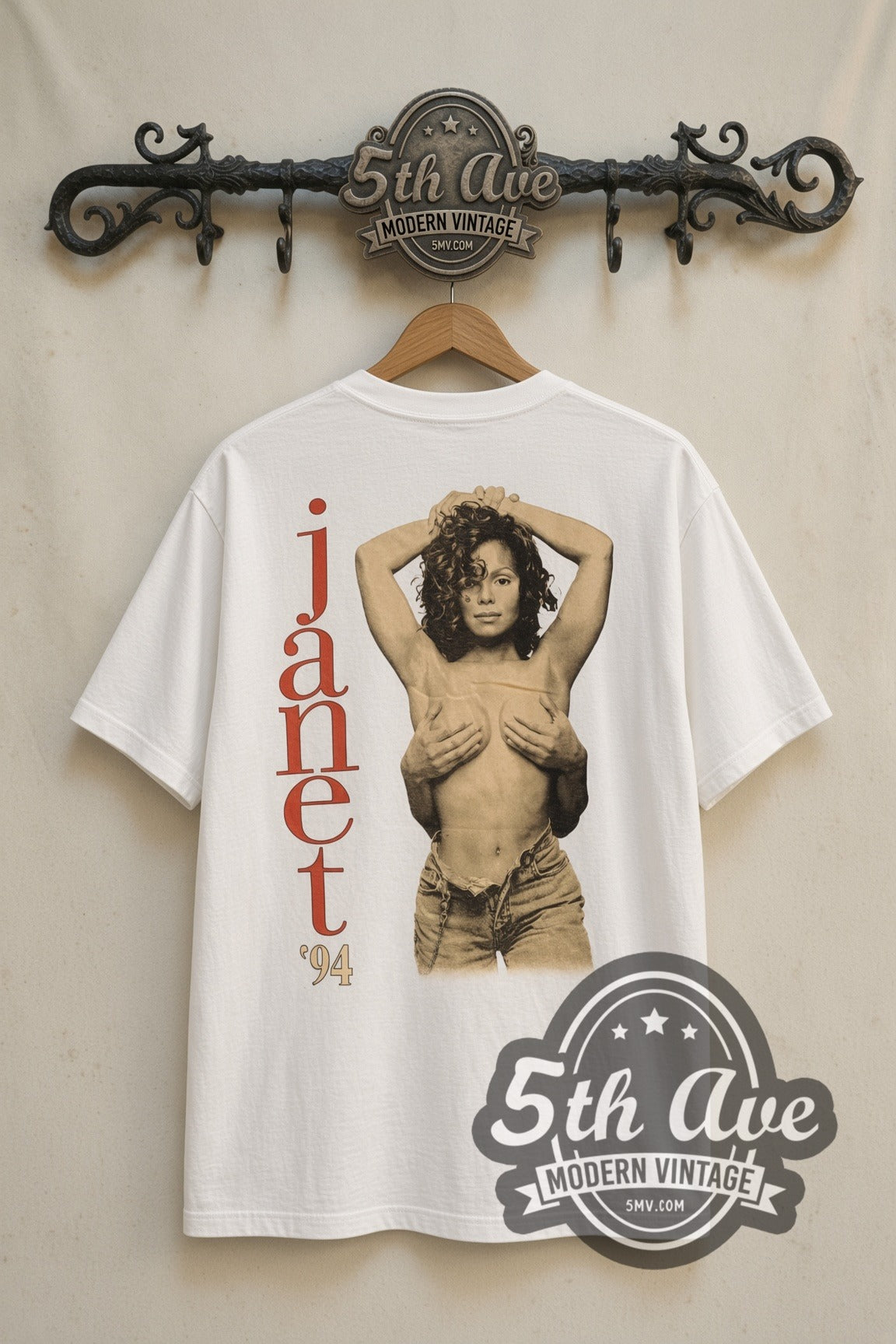 Back print of Janet Jackson vertical logo tee on the 5MV rack