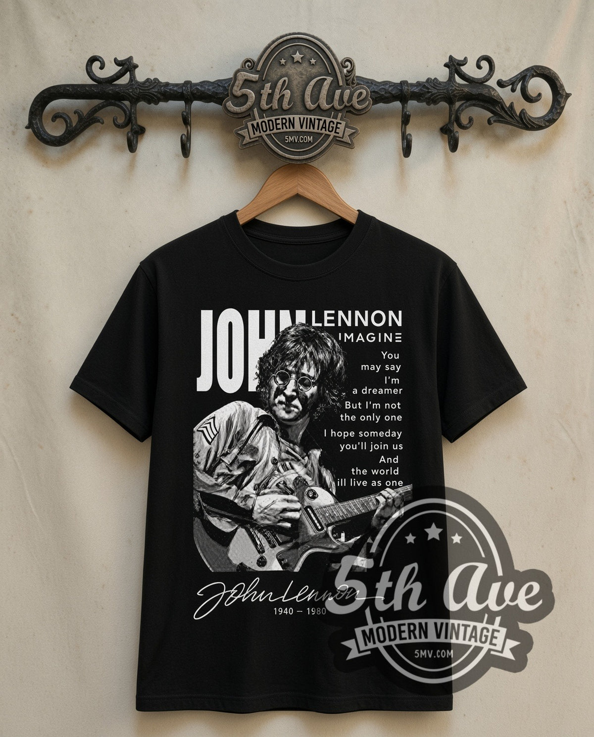 John Lennon Imagine Lyrics Portrait double stitched black tee front on dark iron 5th Ave rack