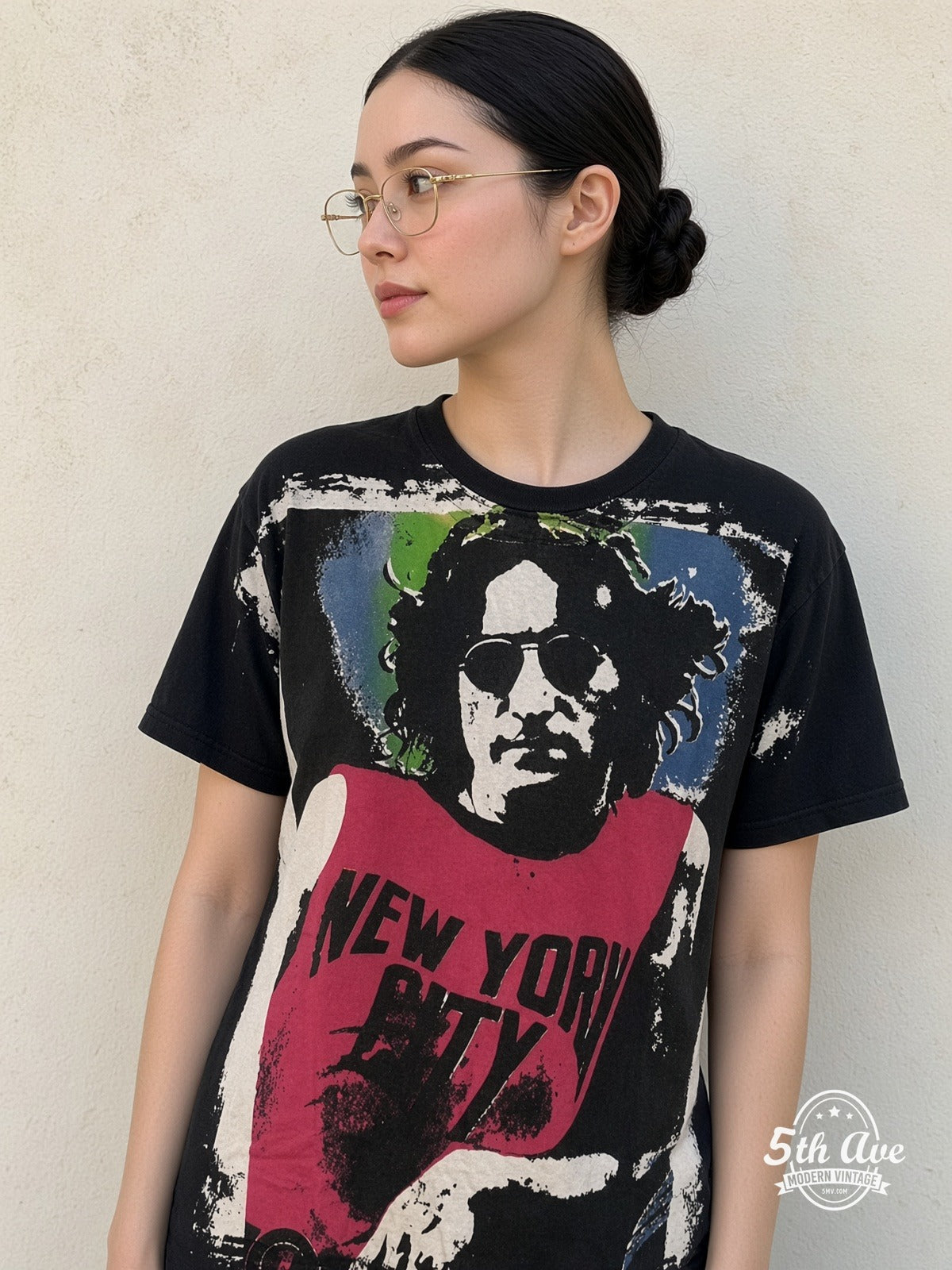 Model wearing John Lennon NYC Pink Tank vintage t-shirt