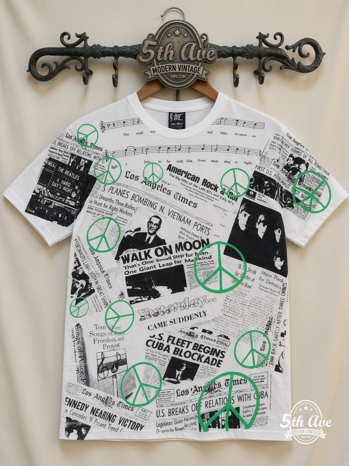 John Lennon War Is Over Newspaper all over print vintage band t-shirt front on cream 5th Ave rack