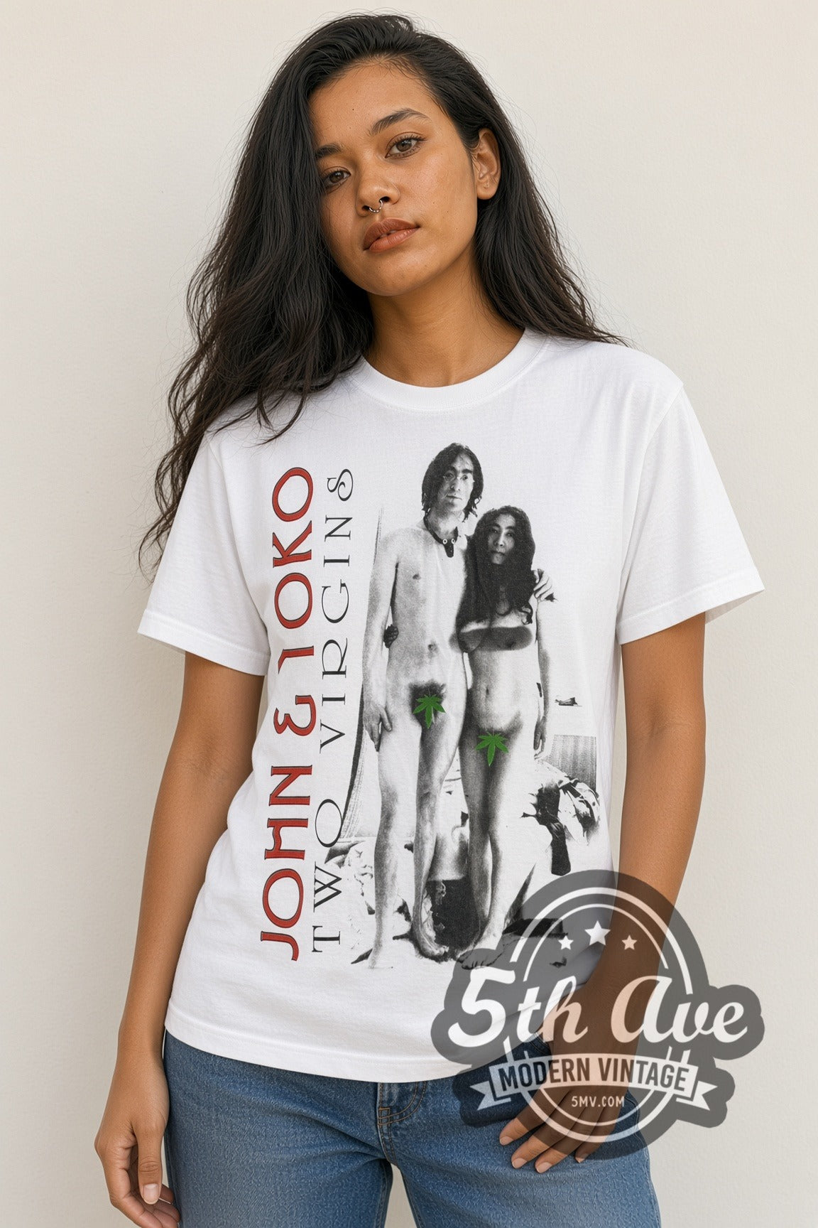 Woman wearing white John & Yoko Two Virgins vintage band t-shirt