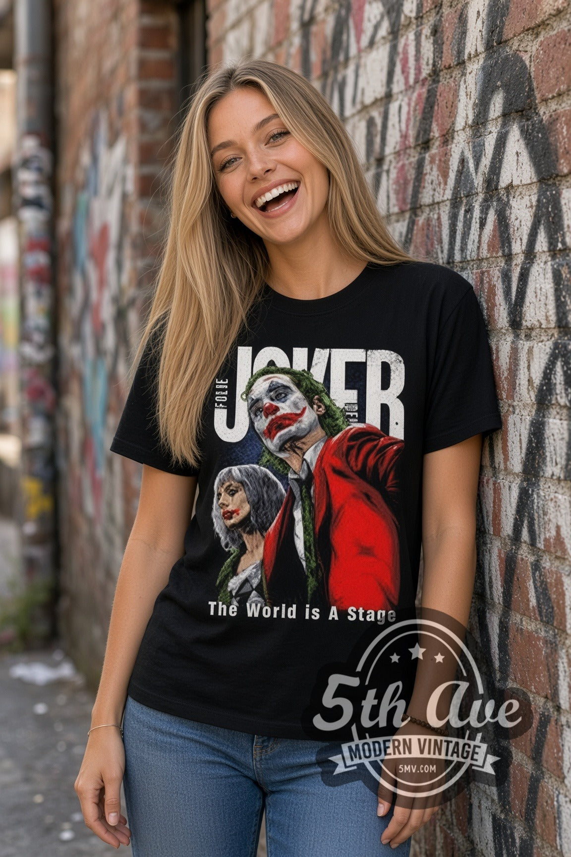 Woman wearing Joker Folie a Deux double stitched black graphic tee