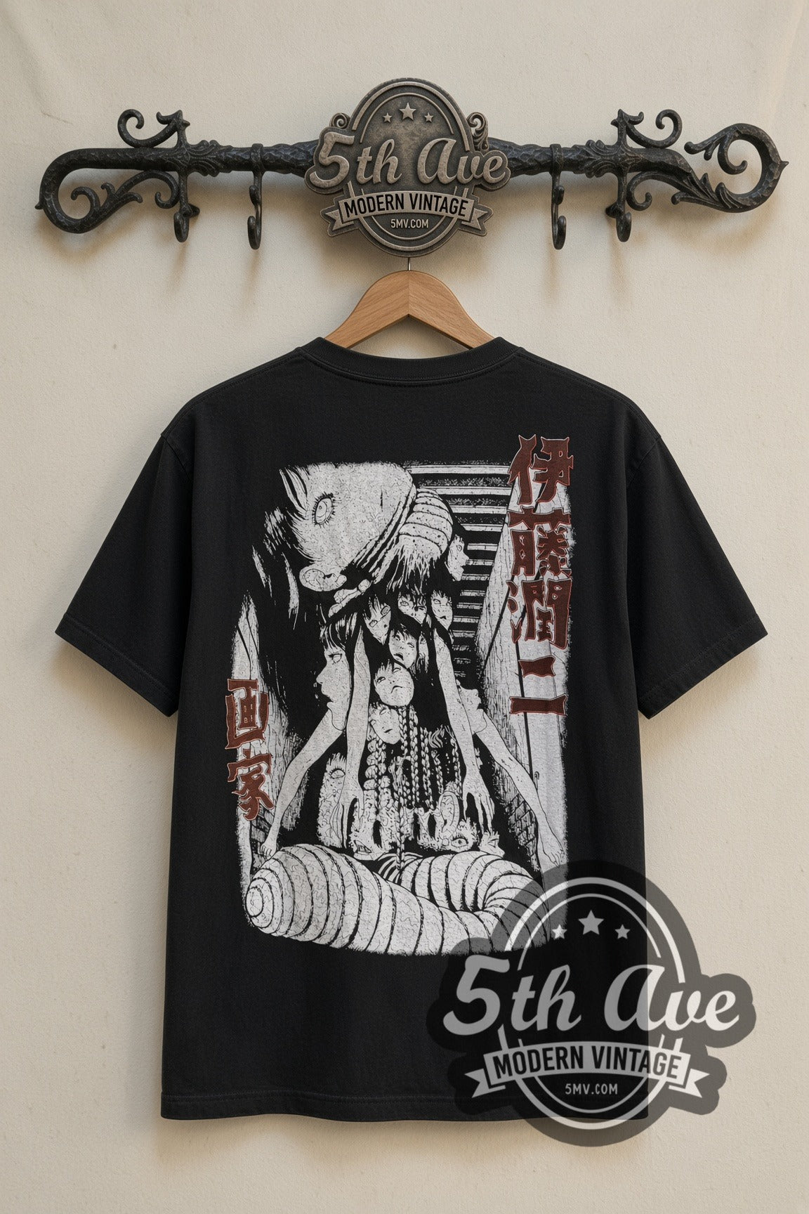 Back print of Junji Ito coiled manga art tee on the 5MV rack