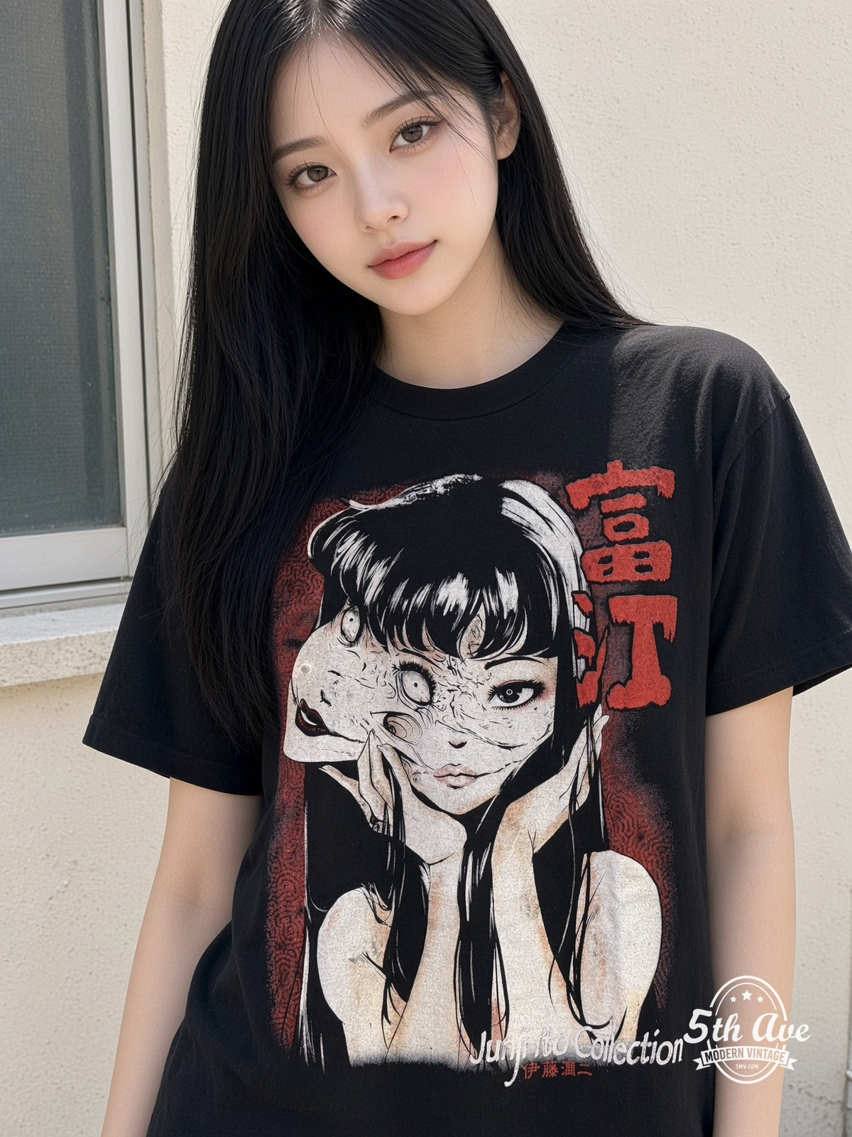 Model wearing Junji Ito Tomie Collection vintage t-shirt