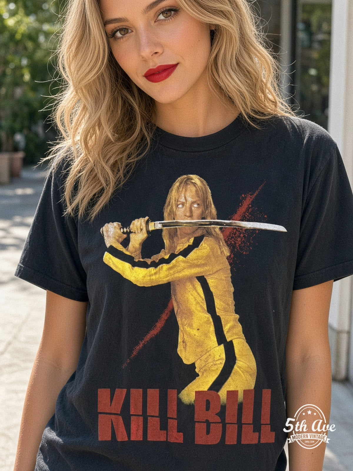 Model wearing Kill Bill The Bride Uma Thurman vintage t-shirt