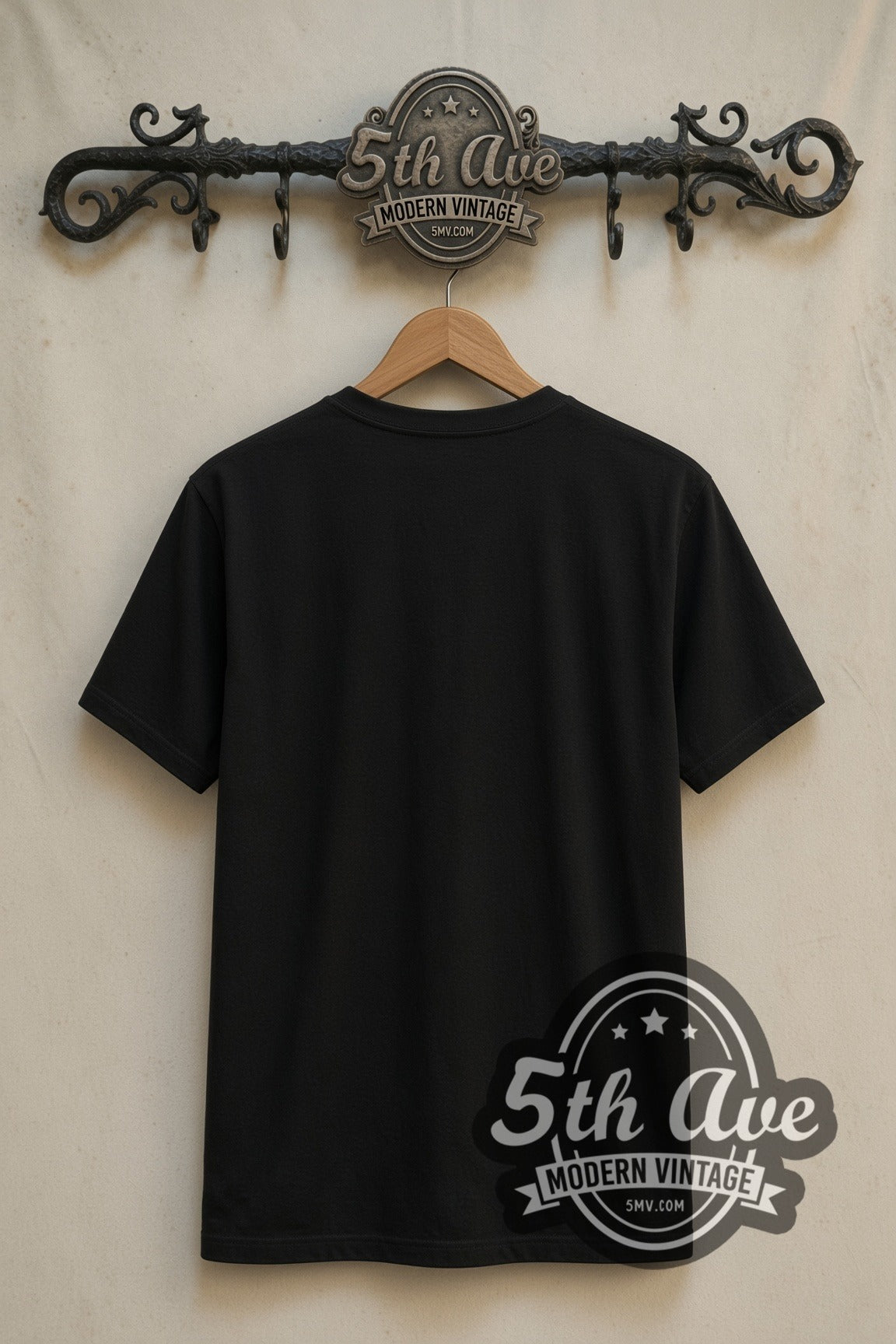 Plain black back of Kill Bill The Bride with Katana Whole Bloody Affair double stitched tee on rack