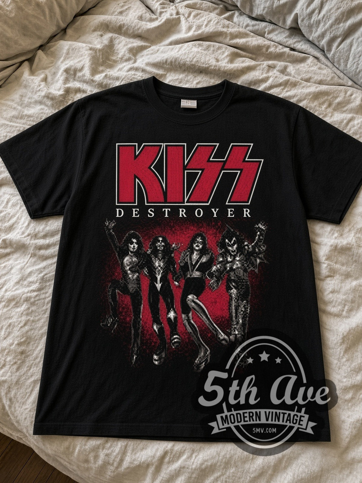 KISS Destroyer Band Lineup black graphic tee laid flat on linen bed