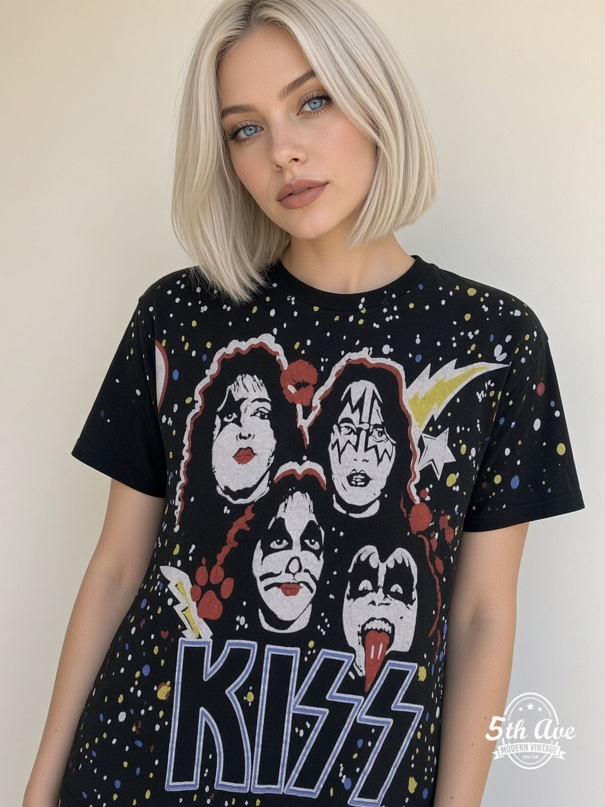 KISS Galaxy Faces all over print vintage tee model wearing