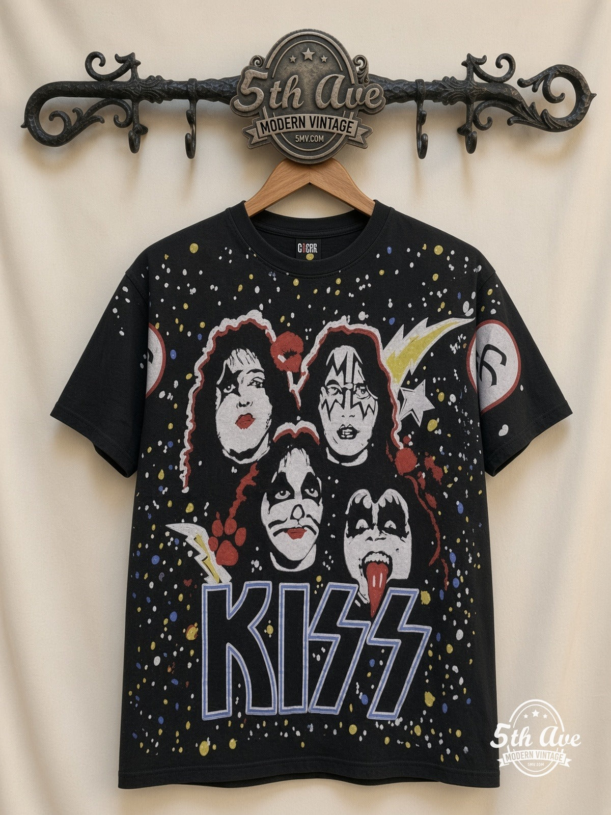 KISS Galaxy Faces all over print vintage band t-shirt front on cream 5th Ave rack