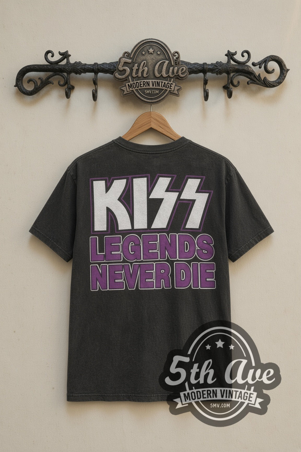 KISS Legends Never Die Farewell Tour band t-shirt in black, back view on a display rack