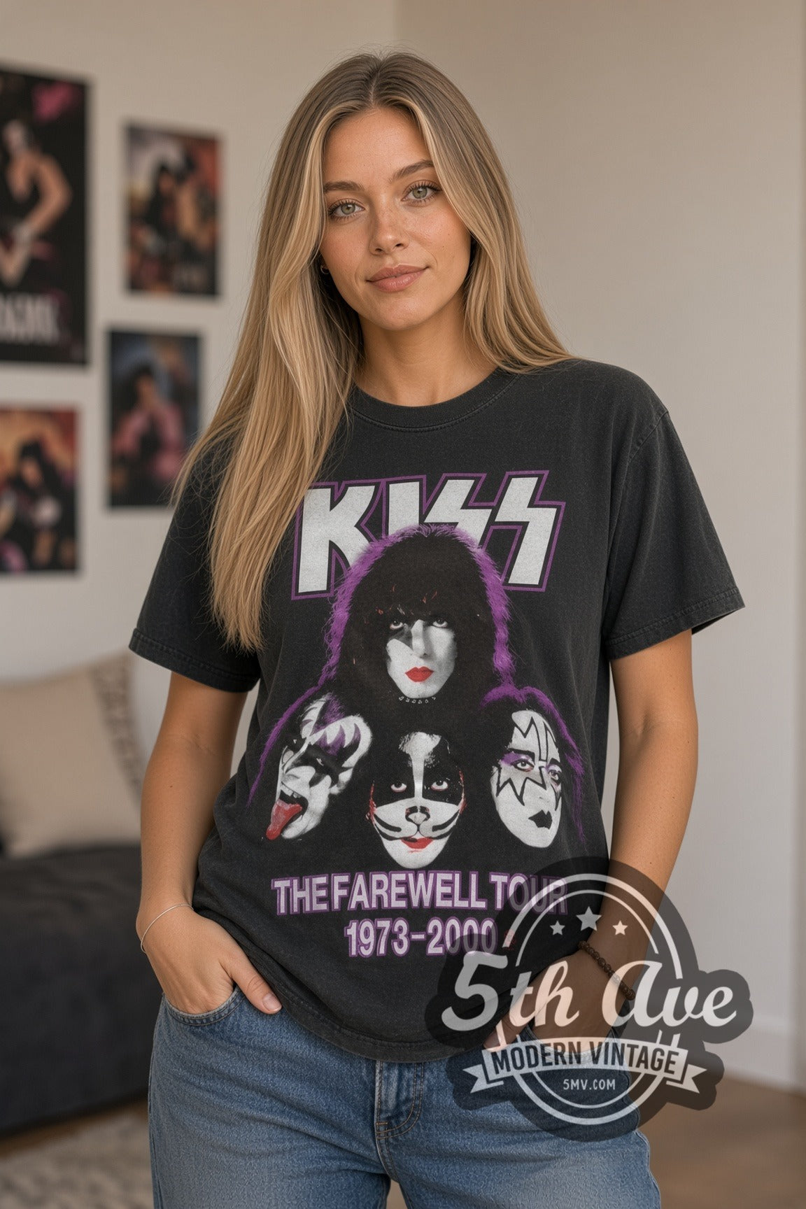 Model wearing the KISS Legends Never Die Farewell Tour band t-shirt in black