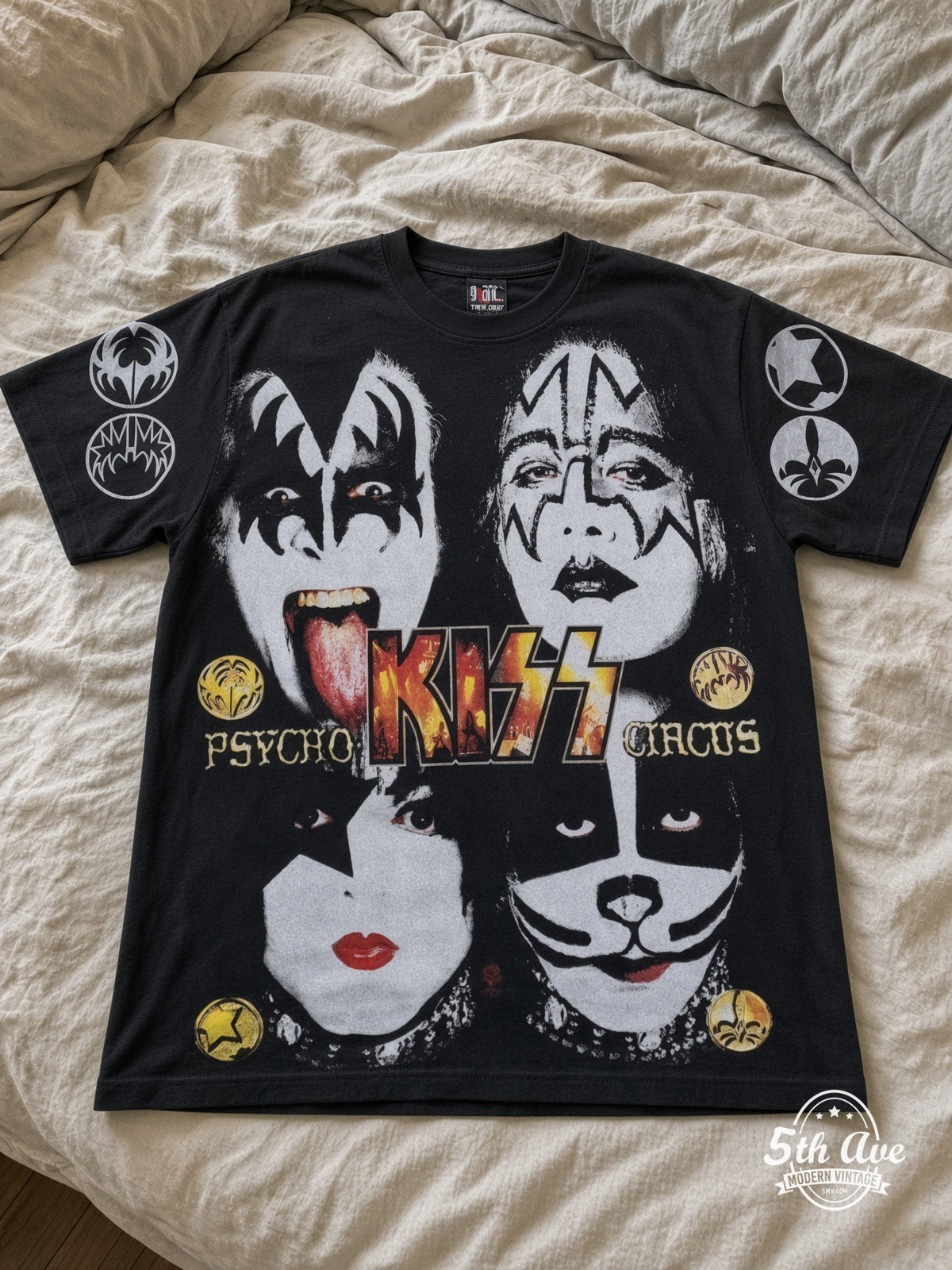 KISS Psycho Circus Mexico 1999 all over print vintage tee laid on bed