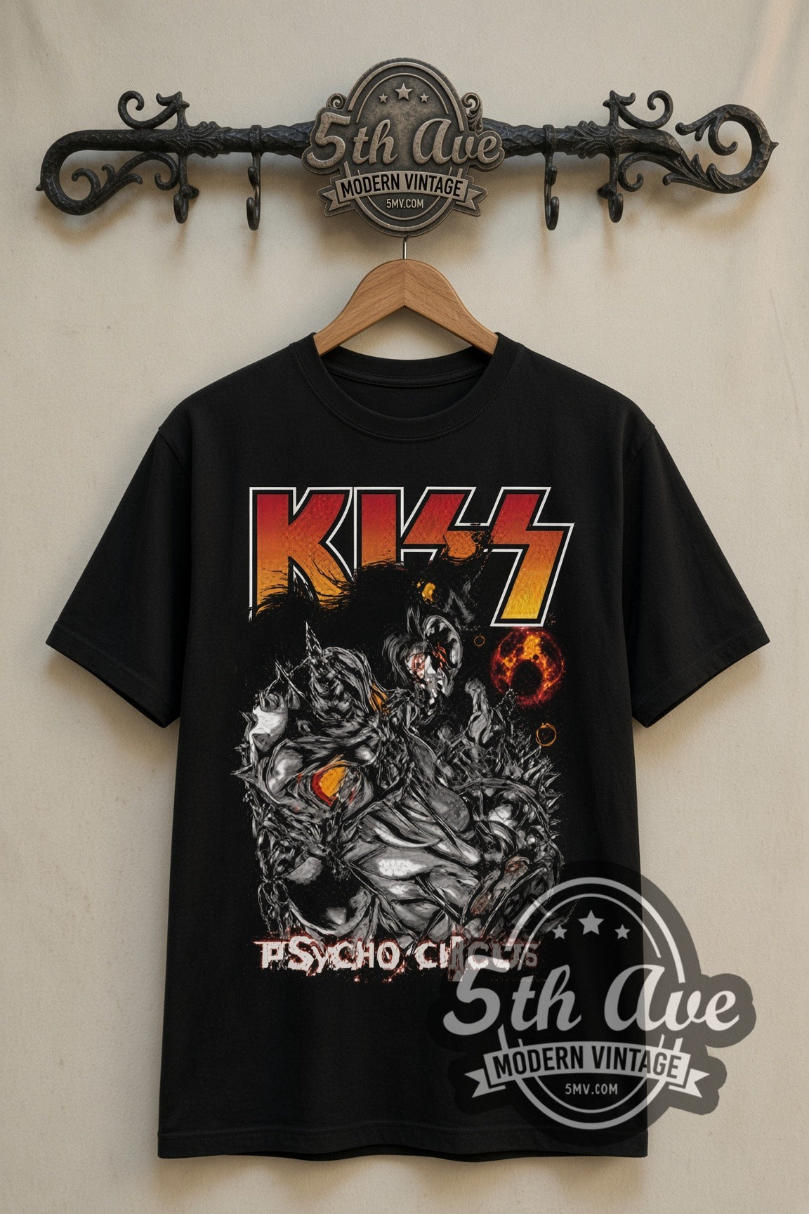 KISS Psycho Circus double stitched black tee front on dark iron 5th Ave rack