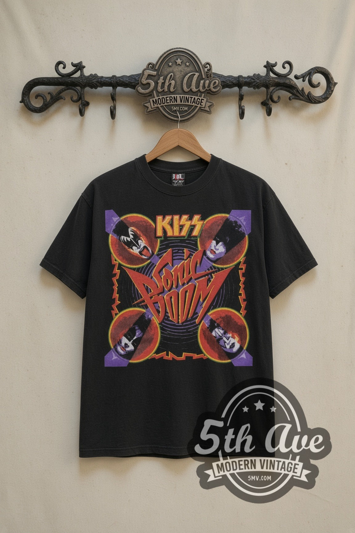 KISS Sonic Boom & Farewell Tour Faces vintage band t-shirt in black, front view on a display rack