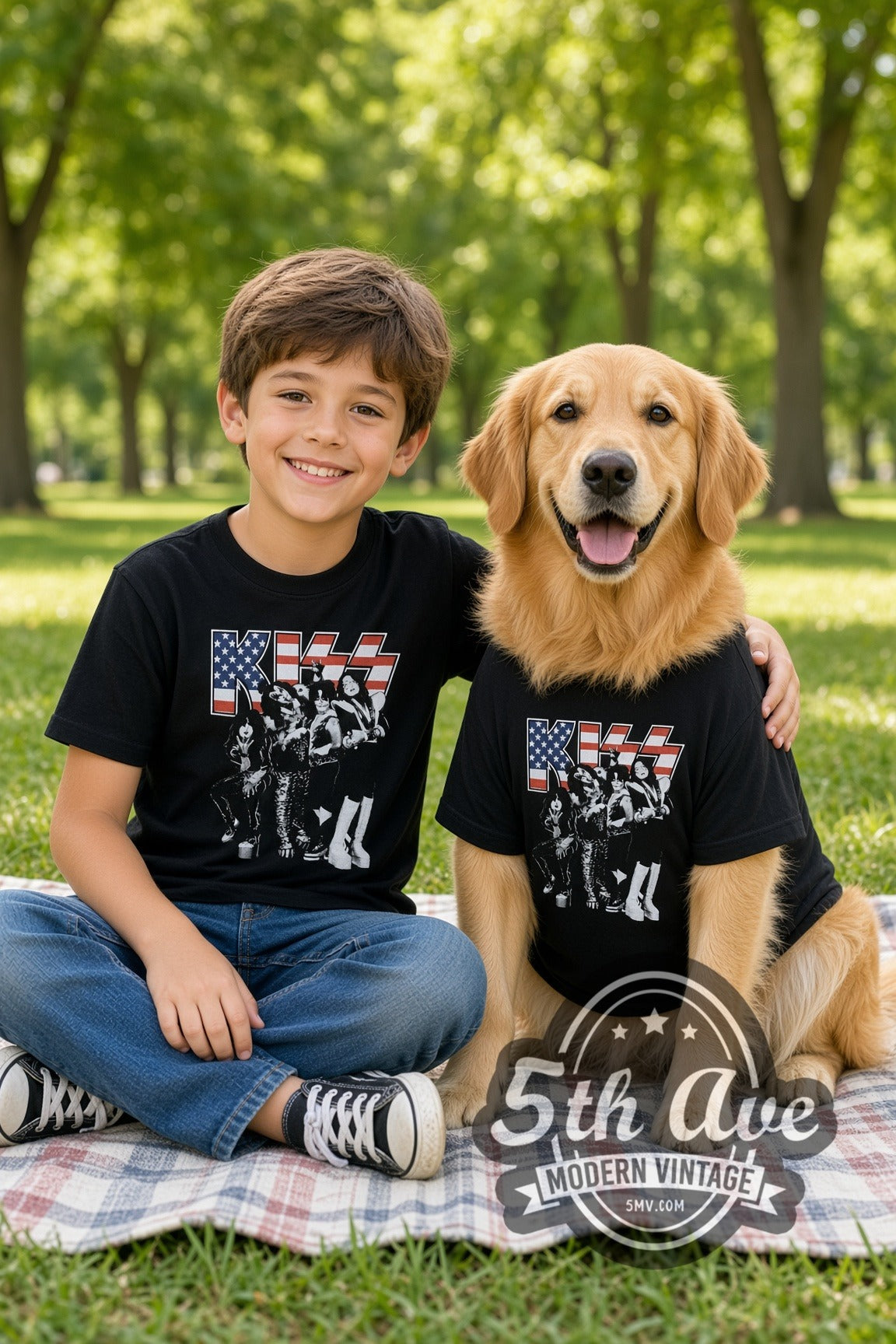 Child and dog both wearing the KISS Stars and Stripes Tiger Stadium kids band tee in black