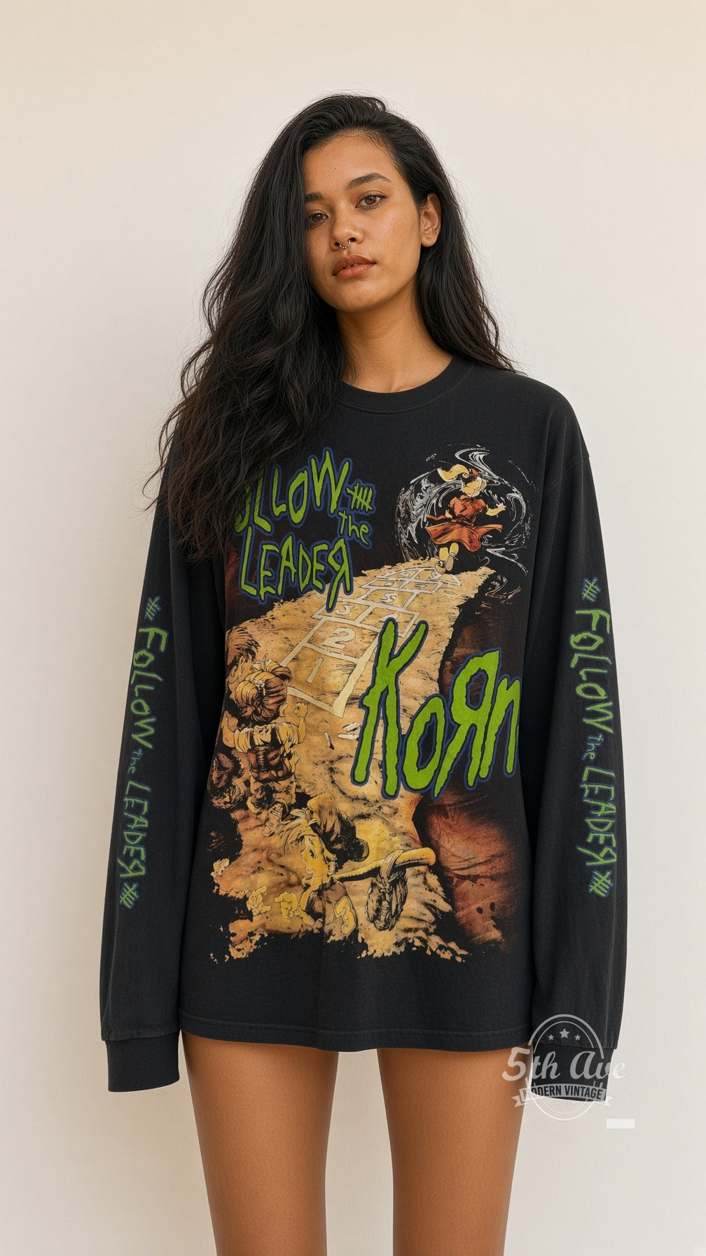 Model wearing Korn Follow the Leader Hopscotch and Band Photo Long Sleeve vintage band t-shirt