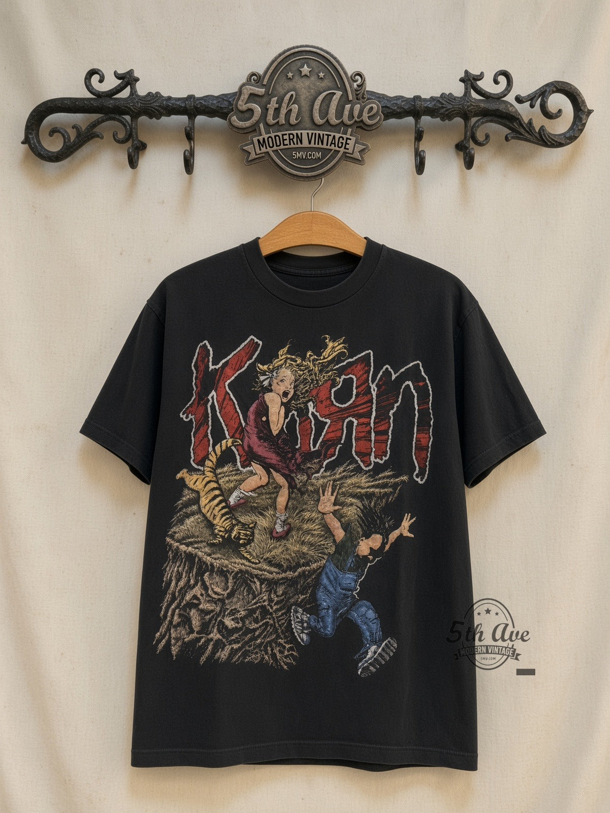 Korn Girl, Tiger and Upside-Down Boy City vintage band t-shirt front on cream 5th Ave rack