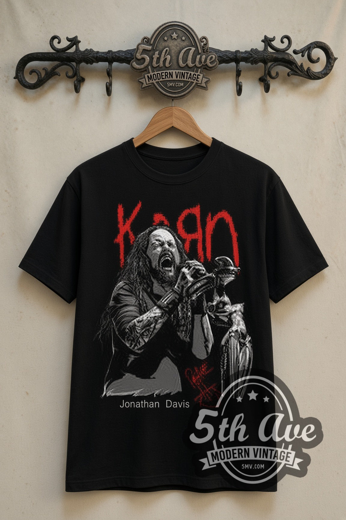 Korn Jonathan Davis at Mic double stitched black tee front on dark iron 5th Ave rack
