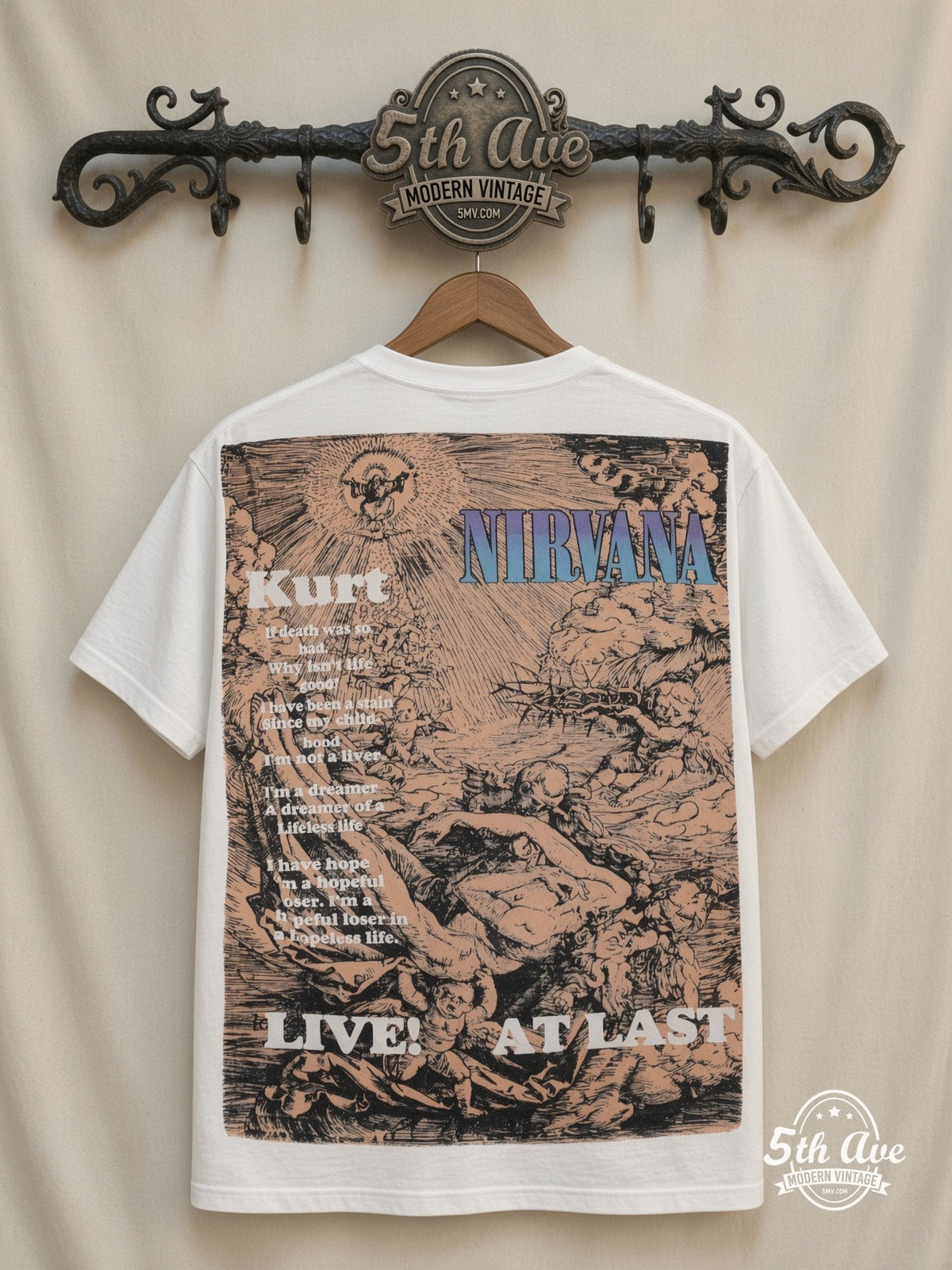 Kurt Cobain 1967-1994 Live At Last all over print vintage tee back on cream 5th Ave rack