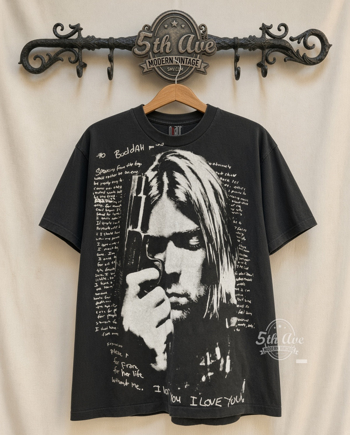 Kurt Cobain Boddah Letter Bullets 1967-1994 vintage band t-shirt front on cream 5th Ave rack