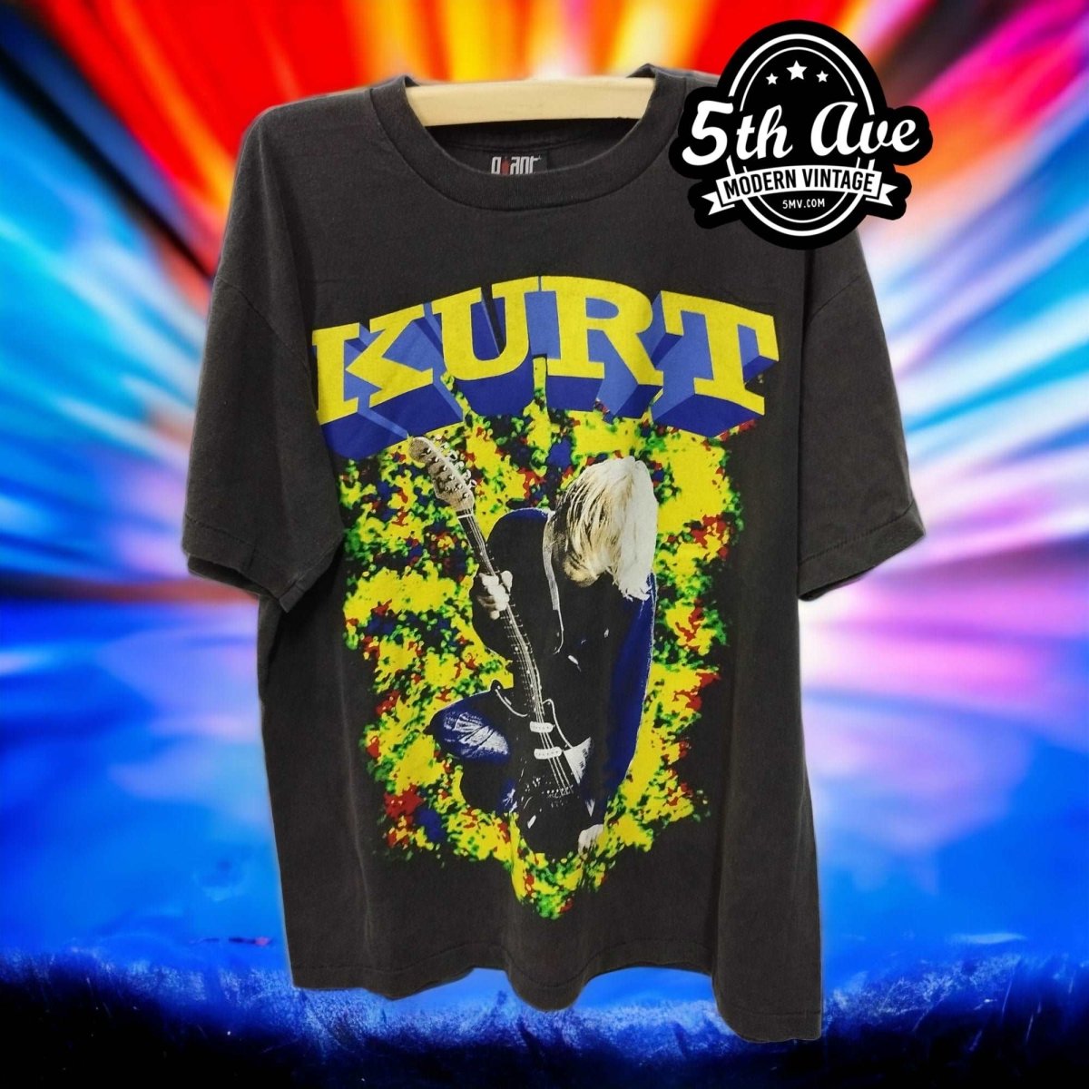 Kurt Cobain Memorial T-Shirt: Iconic Portrait with Blue Eyes on Back, 3D Lettering, Soft Single-Stitch Crewneck, 30-Day Satisfaction Guarantee - Vintage Band Shirts