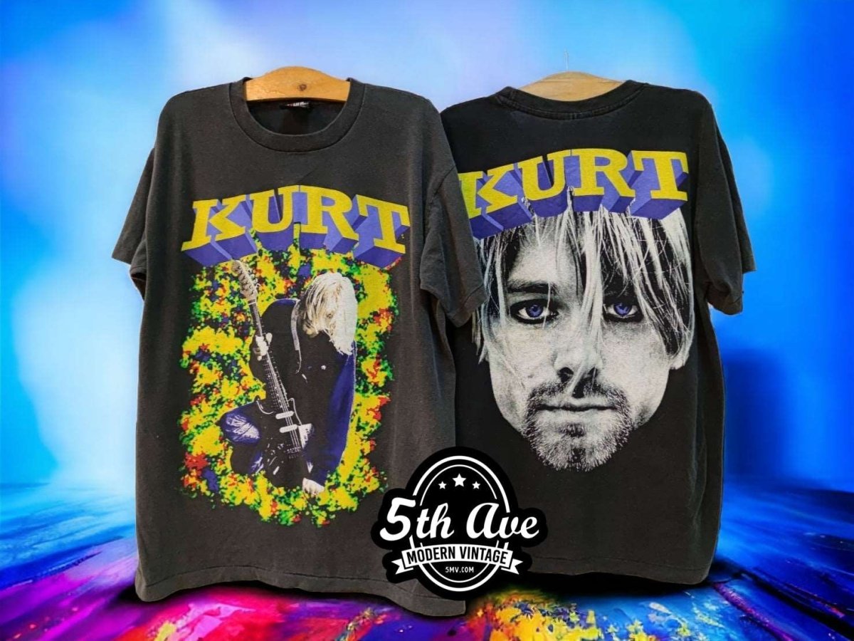 Kurt Cobain Memorial T-Shirt: Iconic Portrait with Blue Eyes on Back, 3D Lettering, Soft Single-Stitch Crewneck, 30-Day Satisfaction Guarantee - Vintage Band Shirts