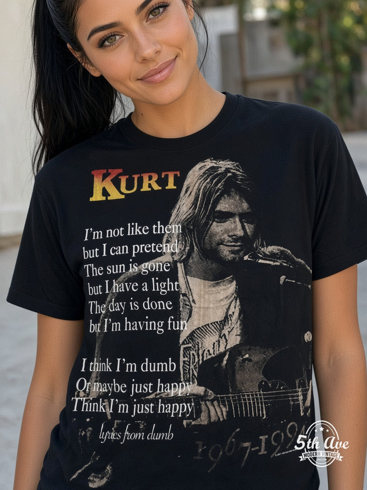 Kurt Cobain Nirvana Live At Last all over print vintage tee model wearing