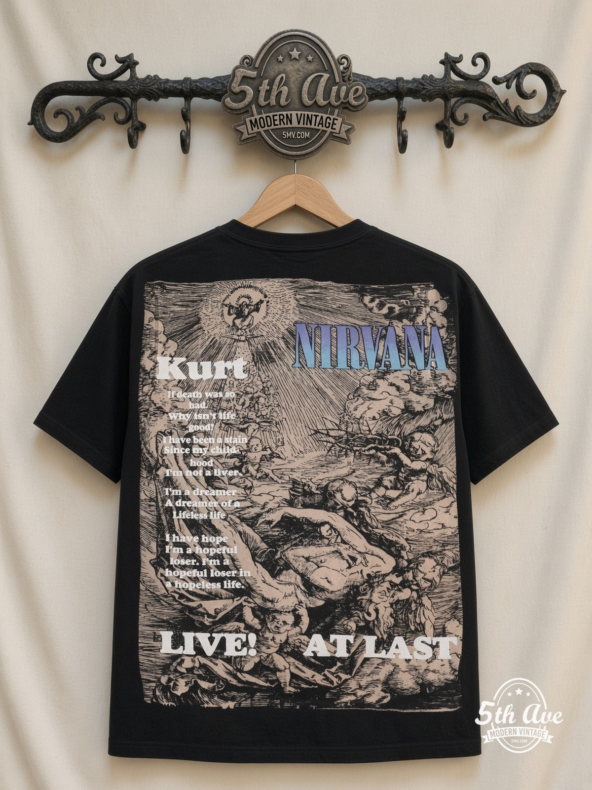 Kurt Cobain Nirvana Live At Last all over print vintage tee back on cream 5th Ave rack