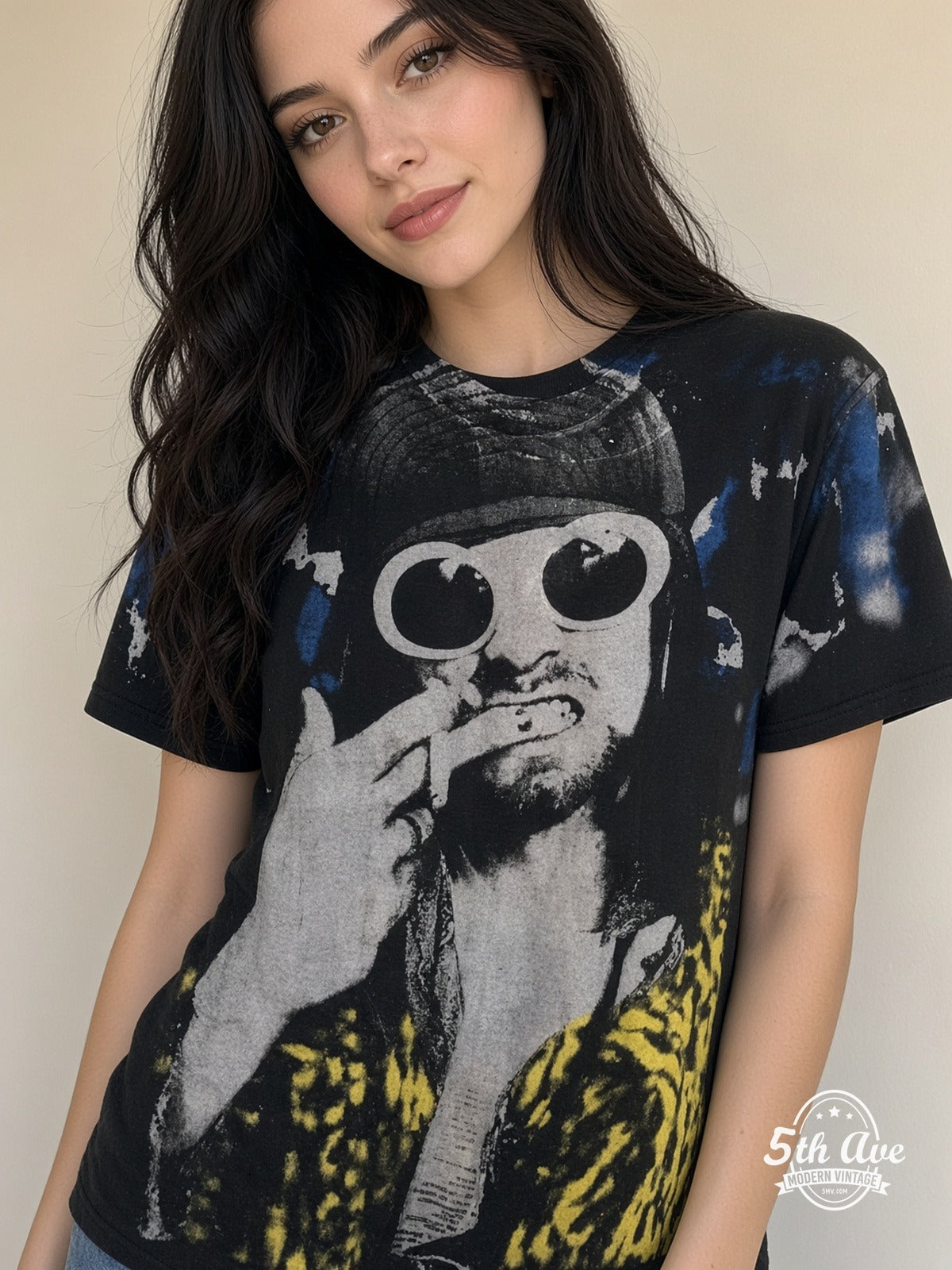 Kurt Cobain Sunglasses Leopard all over print vintage tee model wearing