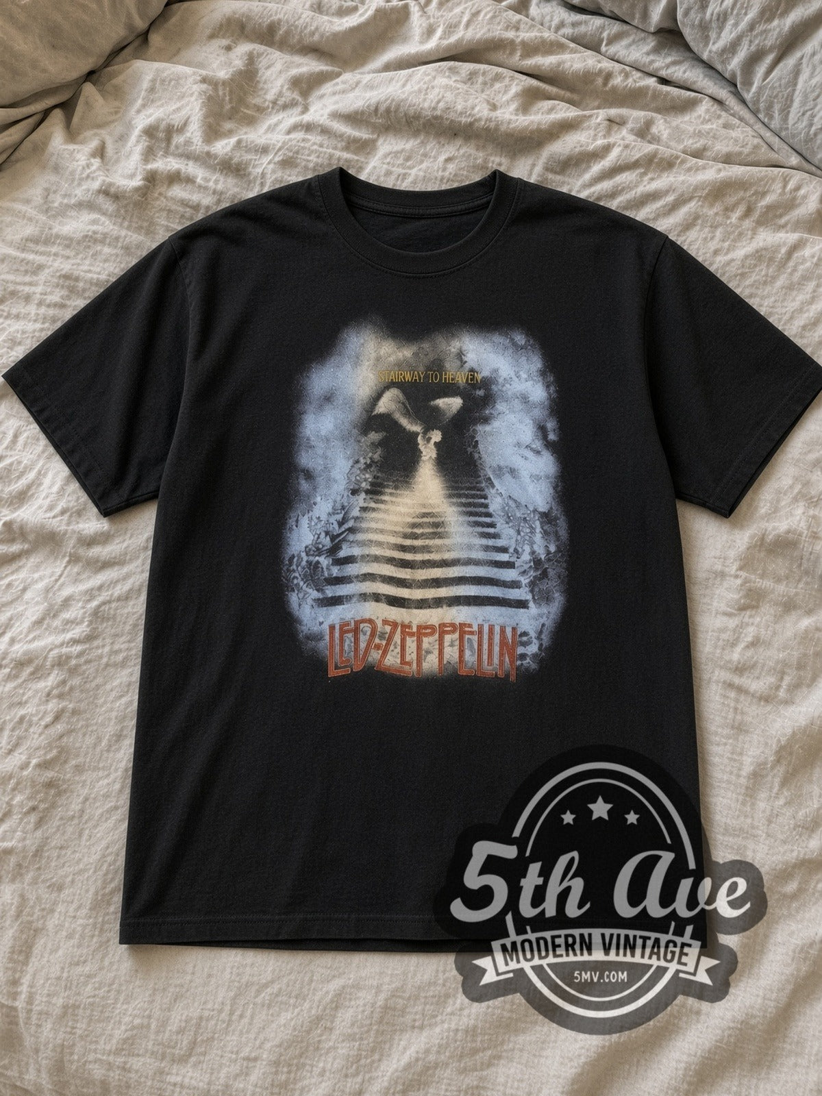 Black Led Zeppelin Stairway to Heaven' Graphic Vintage Band T-Shirt laid flat on a linen bed