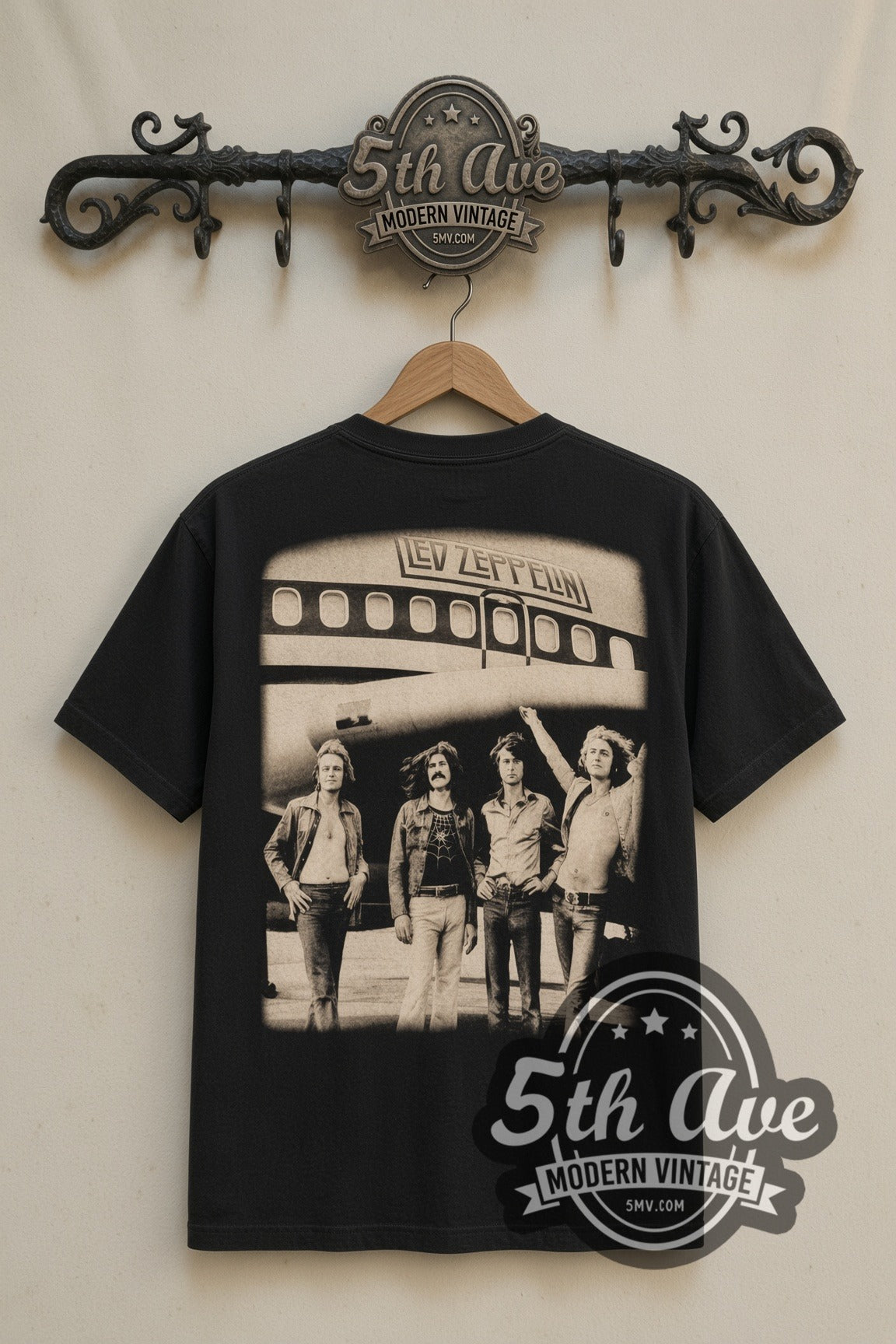 Led Zeppelin Starship Jet & Kings Rd Photo band t-shirt in black, back view on a display rack