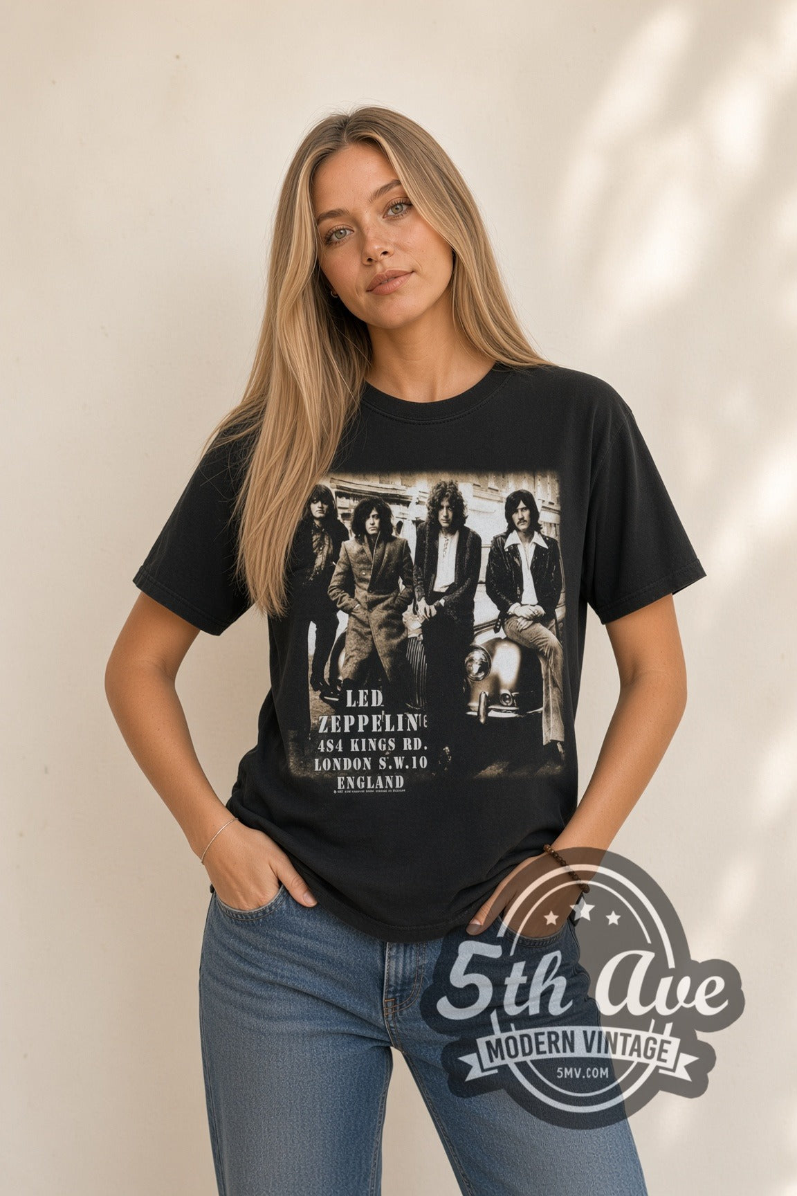 Model wearing the Led Zeppelin Starship Jet & Kings Rd Photo band t-shirt in black