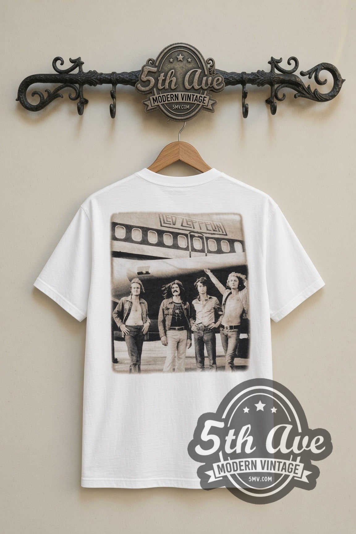 Led Zeppelin Starship Jet & Kings Rd Photo band t-shirt in white, back view on a display rack