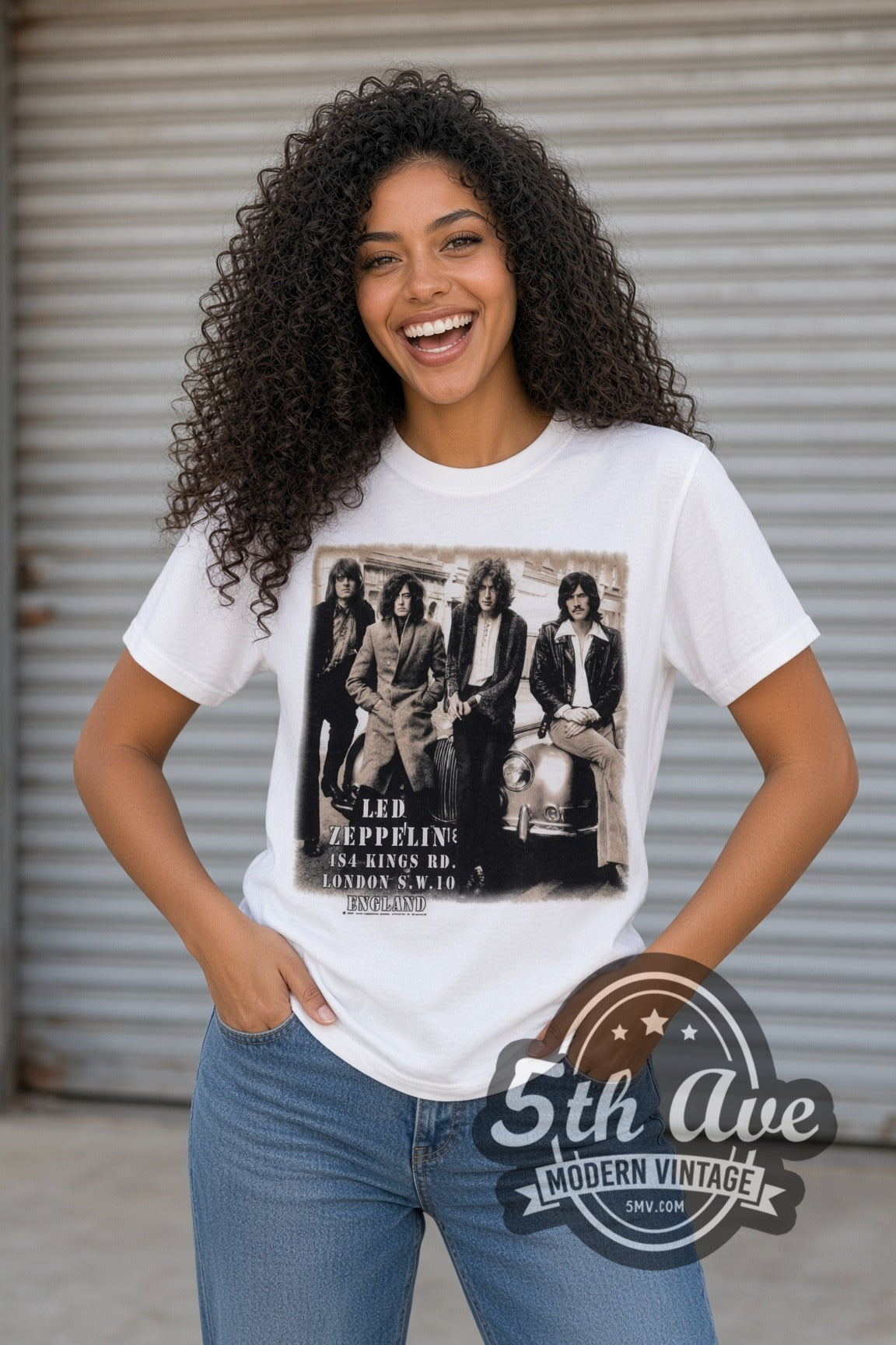 Model wearing the Led Zeppelin Starship Jet & Kings Rd Photo band t-shirt in white