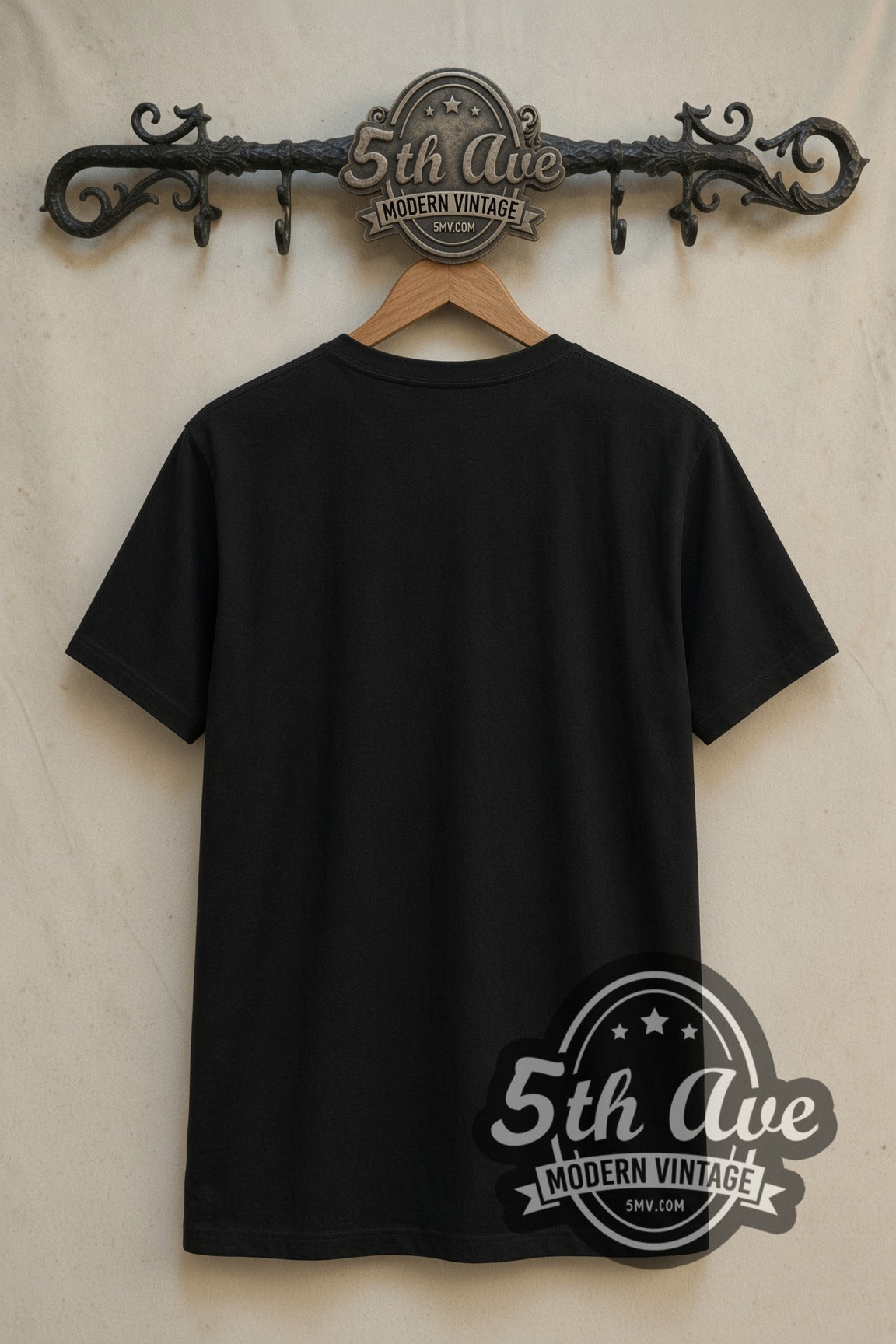 Plain black back of Lightyear Buzz and Sox double stitched tee on rack