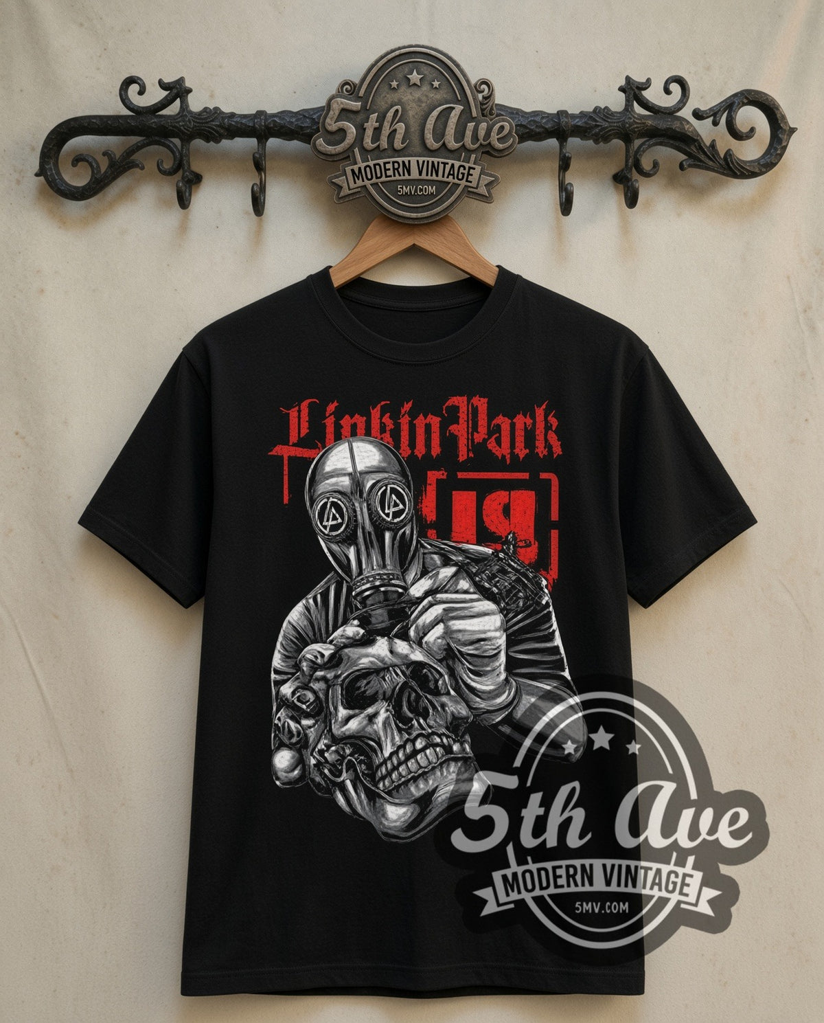 Linkin Park Gas Mask Soldier with Skull double stitched black tee front on dark iron 5th Ave rack
