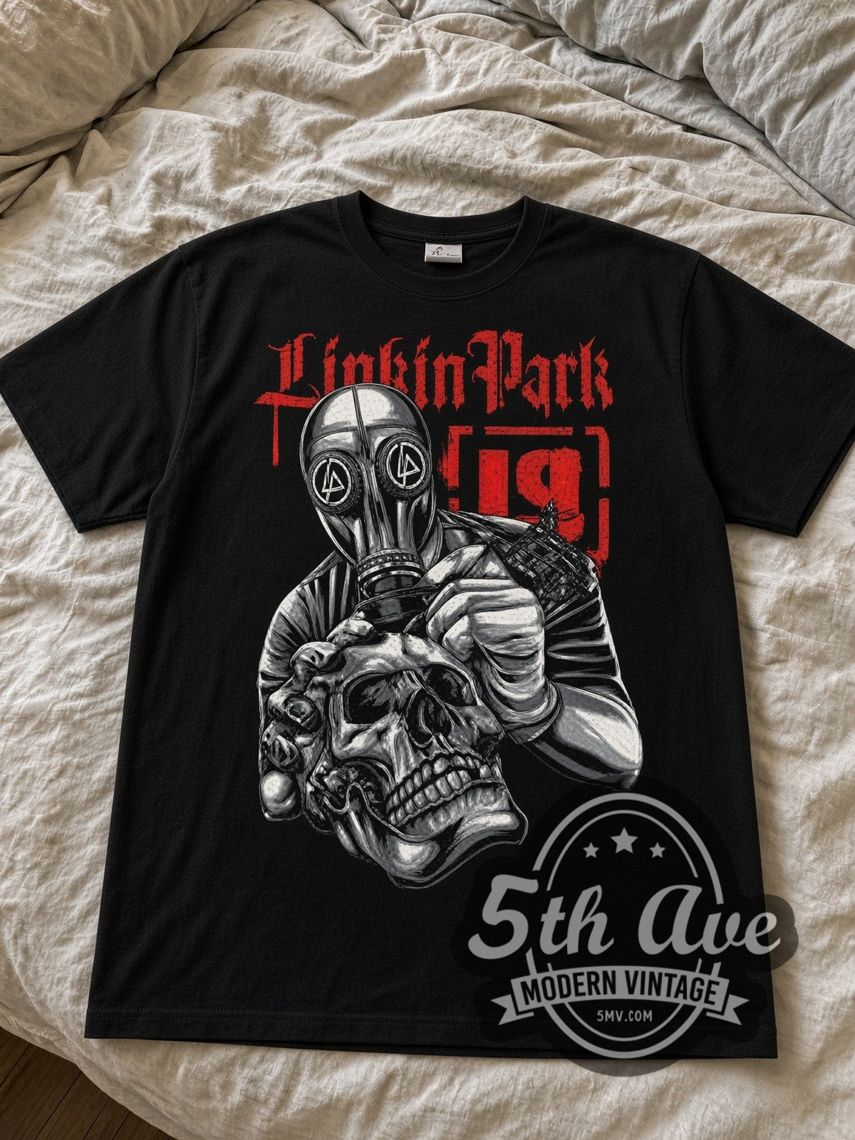Linkin Park Gas Mask Soldier with Skull black graphic tee laid flat on linen bed