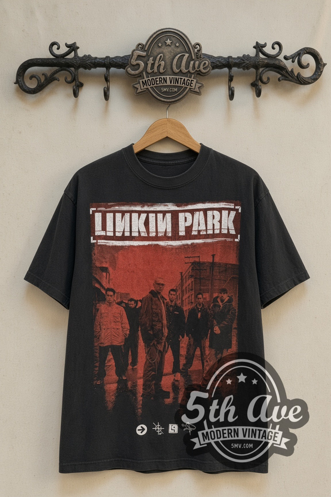 Linkin Park Hybrid Theory red band photo t-shirt front on cream 5th Ave rack