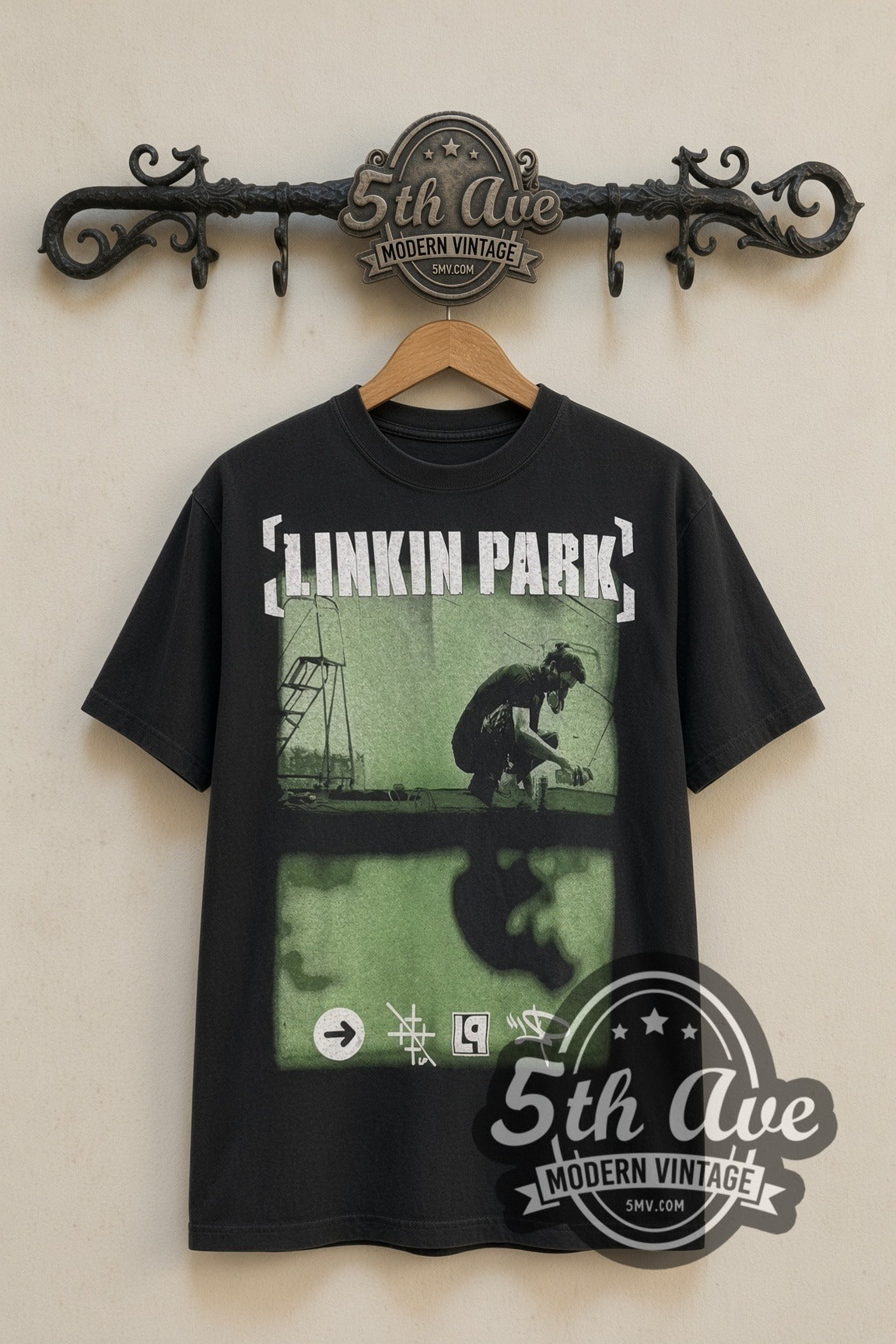 Linkin Park Meteora Spray Paint Photo & Tracklist band t-shirt front on 5th Ave iron rack