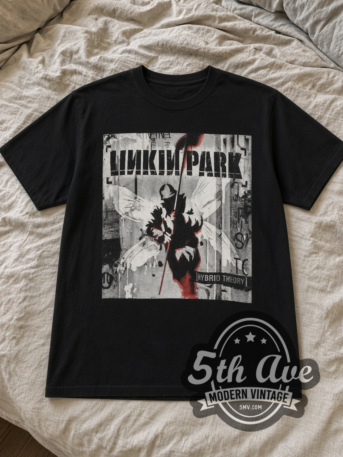 Black Linkin Park Hybrid Theory Soldier Red Flag Vintage Band T-Shirt laid flat on a linen bed