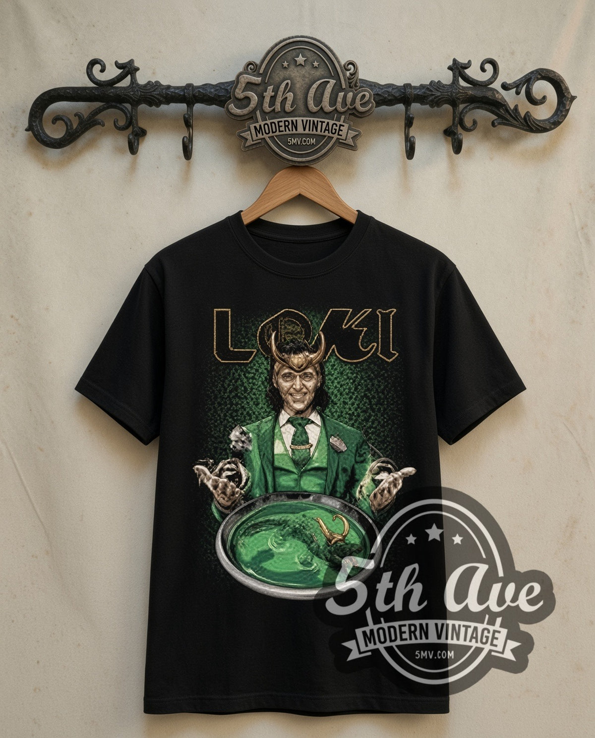 Loki Loki and Alligator Loki double stitched black tee front on dark iron 5th Ave rack