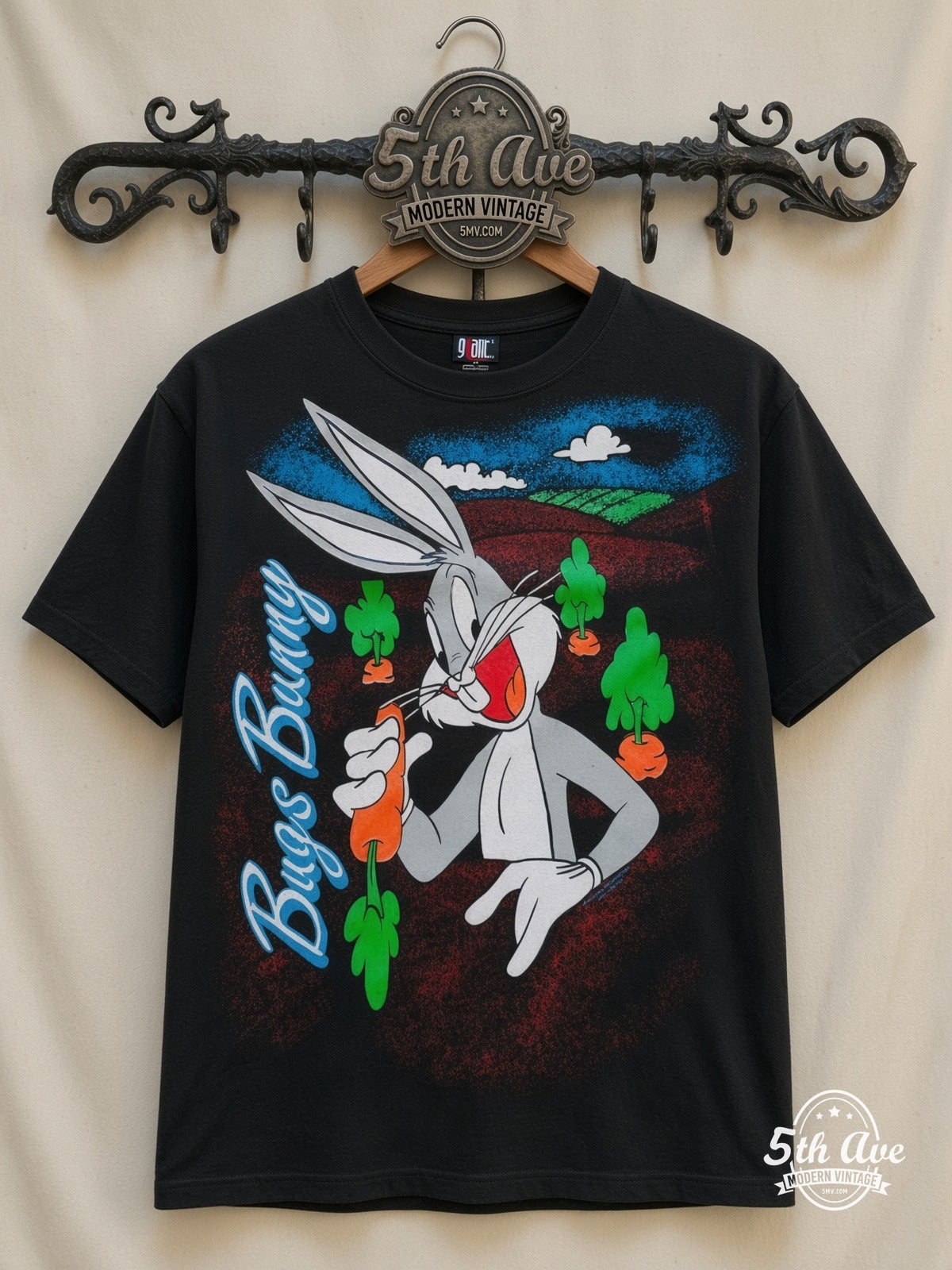 Looney Tunes Bugs Bunny Carrots Tough all over print vintage cartoon t-shirt front on cream 5th Ave rack