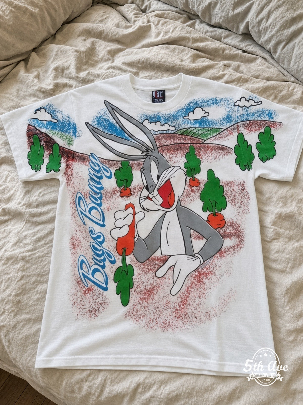 Looney Tunes Bugs Bunny Carrots Tough vintage tee laid on bed