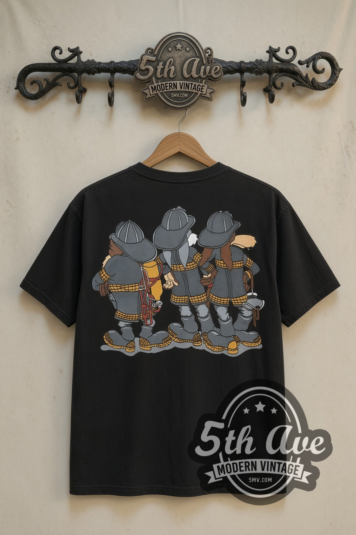 Looney Tunes Bugs Taz Ralph Wolf Firefighters cartoon tee in black, back view on a display rack